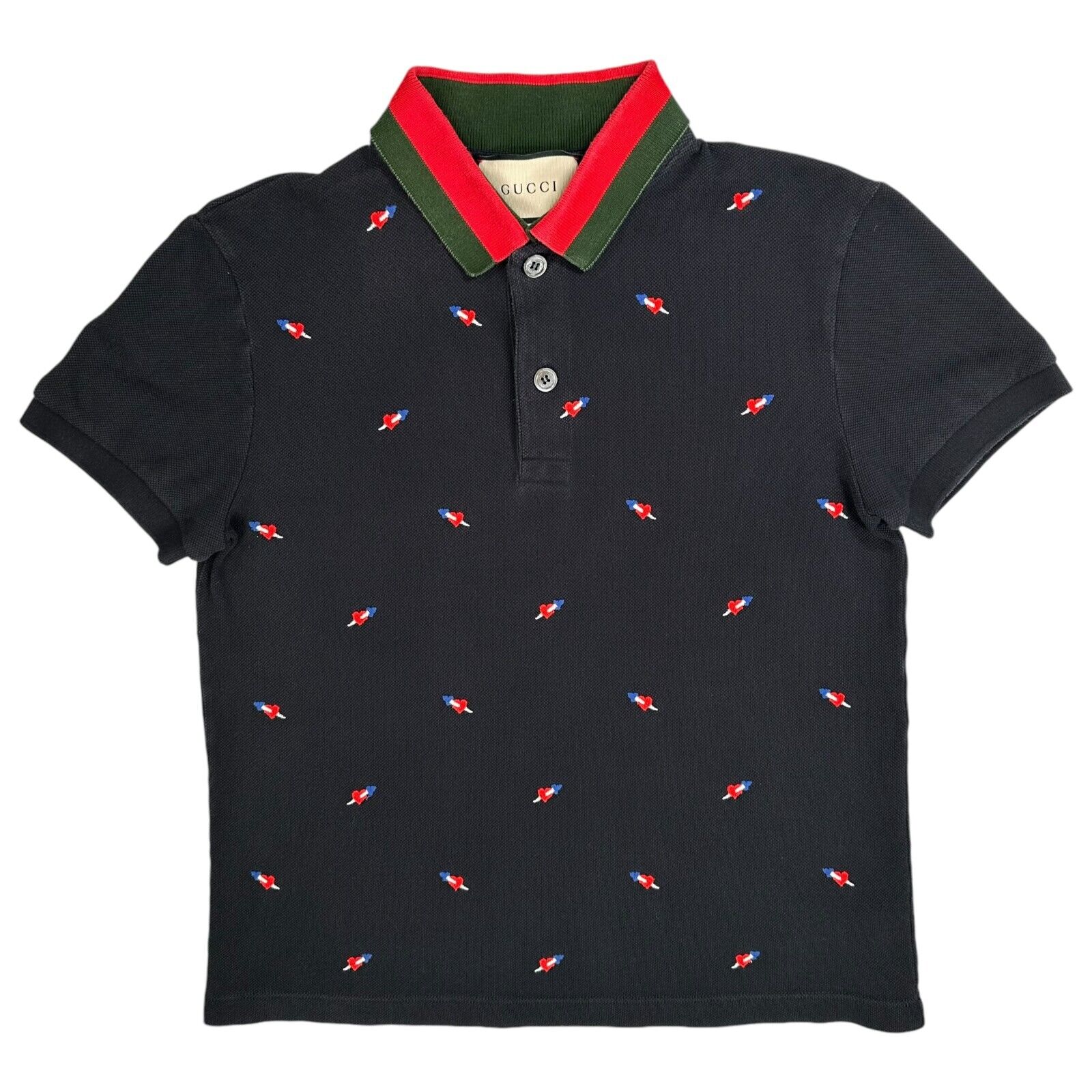 Gucci Size S Polo Shirt Navy Fully Embroidered Arrow/Heart Logo Taped Collar