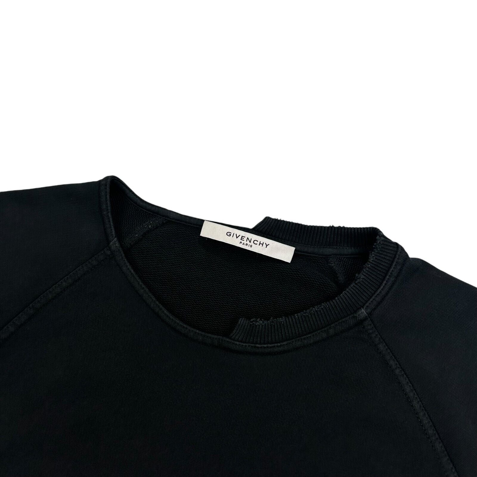 Givenchy Size M Sweatshirt Black Split Neck Distressed Address Back Logo Crew