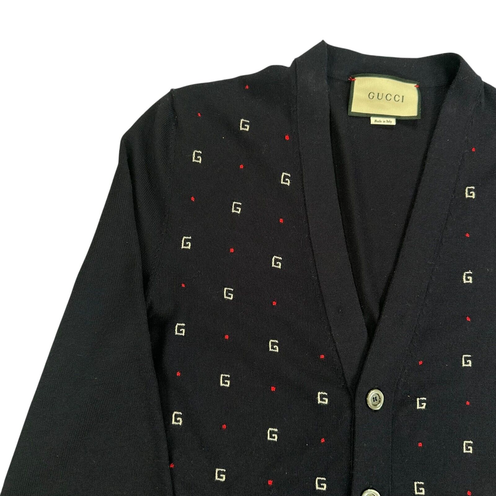 Gucci Size M Cardigan Navy Button Up Cashmere Wool GG Logo V-Neck Jumper