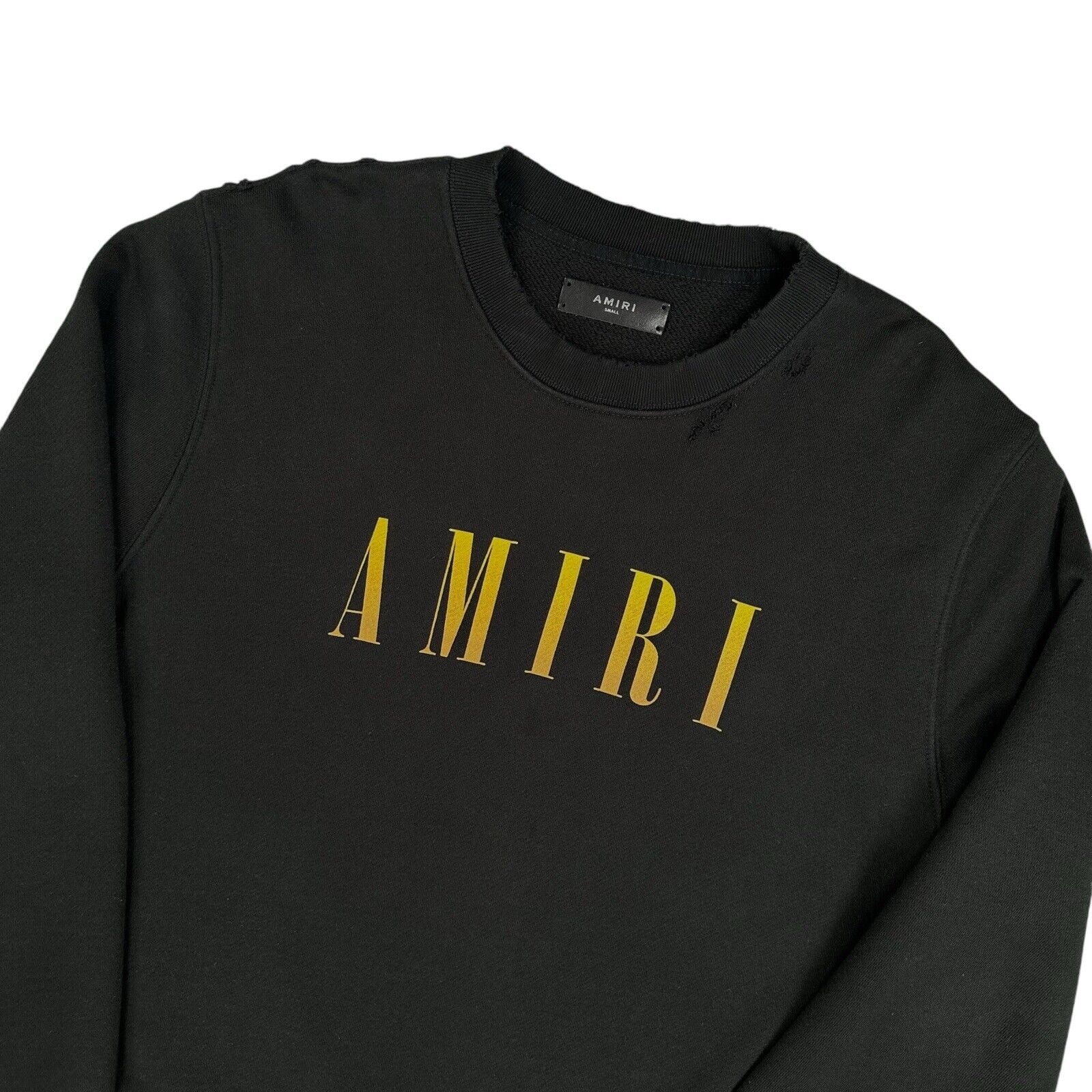 Amiri Size S Black Sweatshirt Distressed Yellow Chest Graphic Print Logo Crew