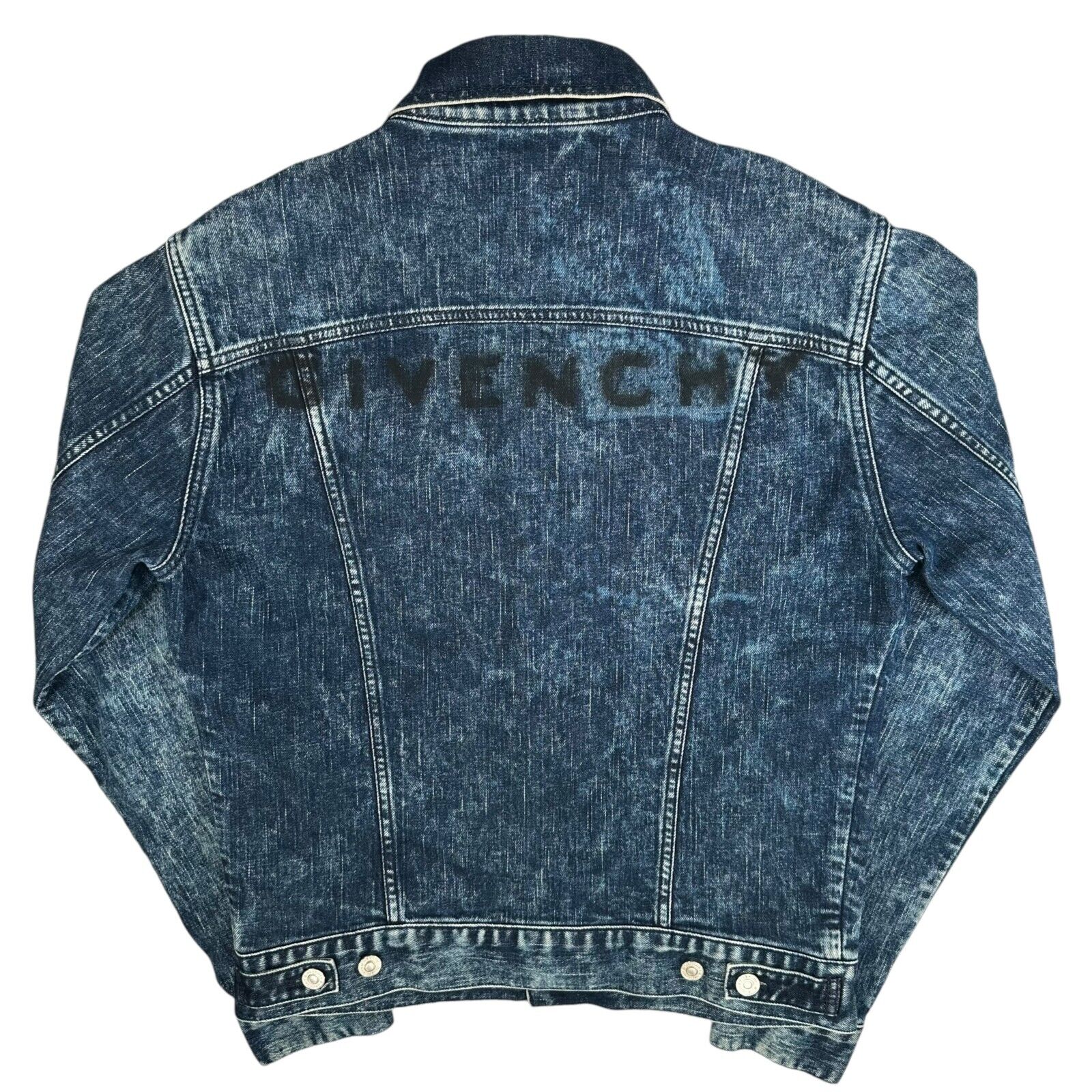 Givenchy Size M Denim Jacket Acid Wash Deep Blue Back Logo Spray Paint Button Up