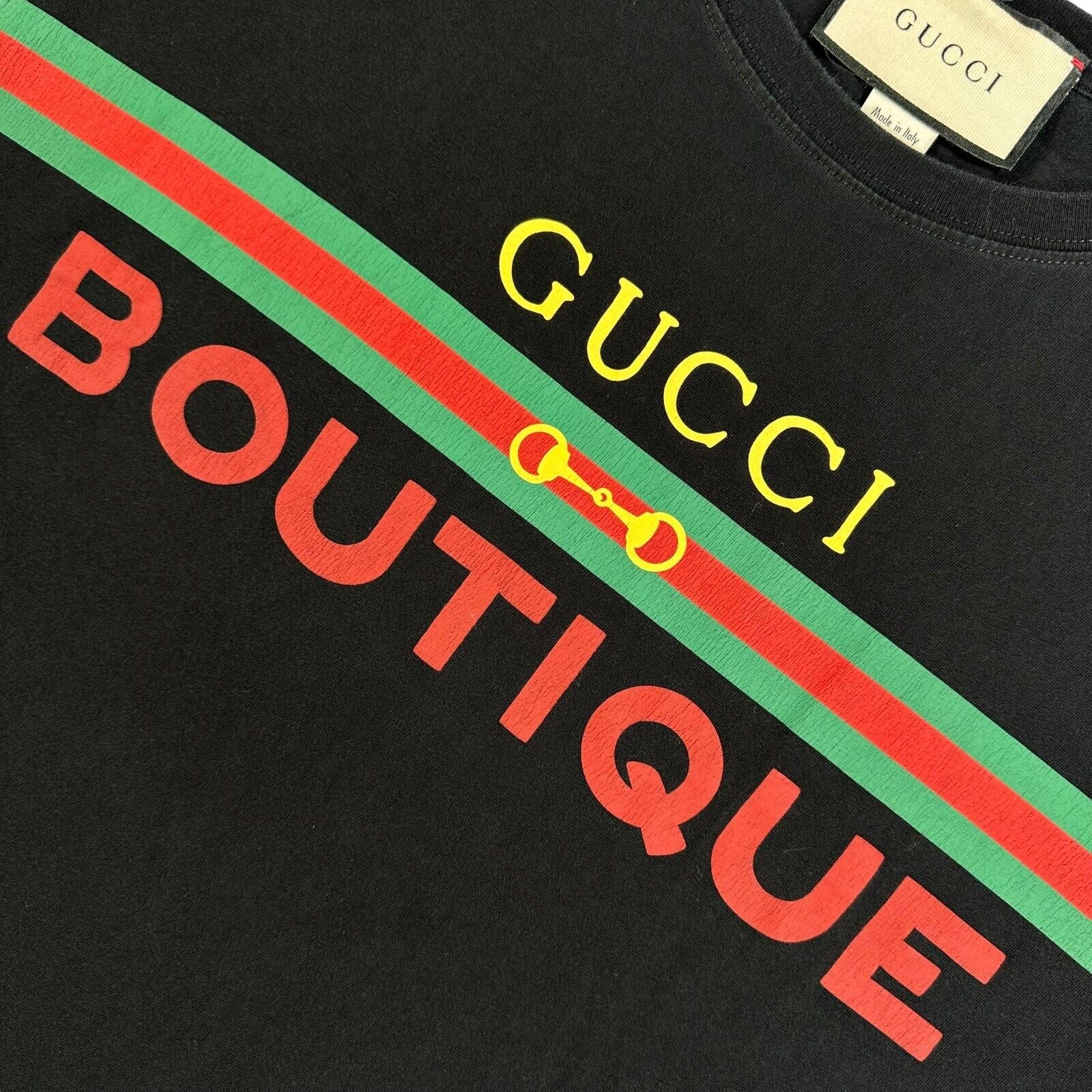 Gucci Size L T-Shirt Black Boutique Belt Buckle Graphic Print Logo Cotton Tee