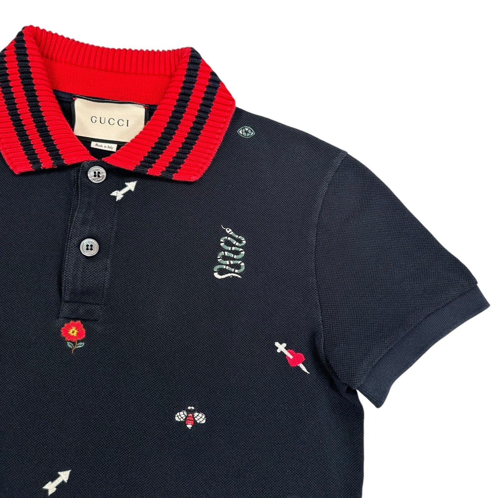 Gucci Size M Polo Shirt Navy Embroidered Motifs Logo Ribbed Wool Collar Button