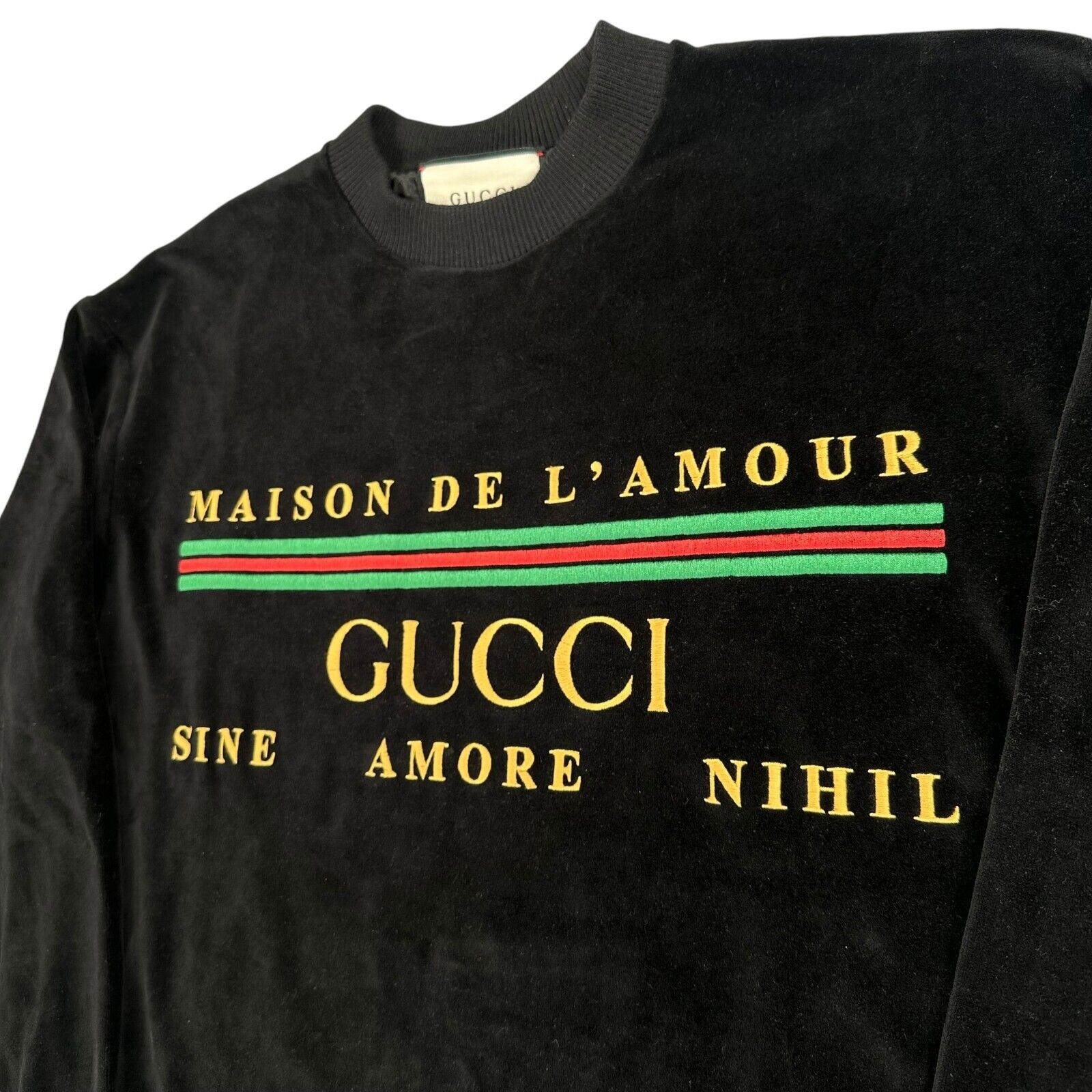 Gucci Size L Sweatshirt Black Velvet Maison De L'Amour Stripe Logo Heavy Crew