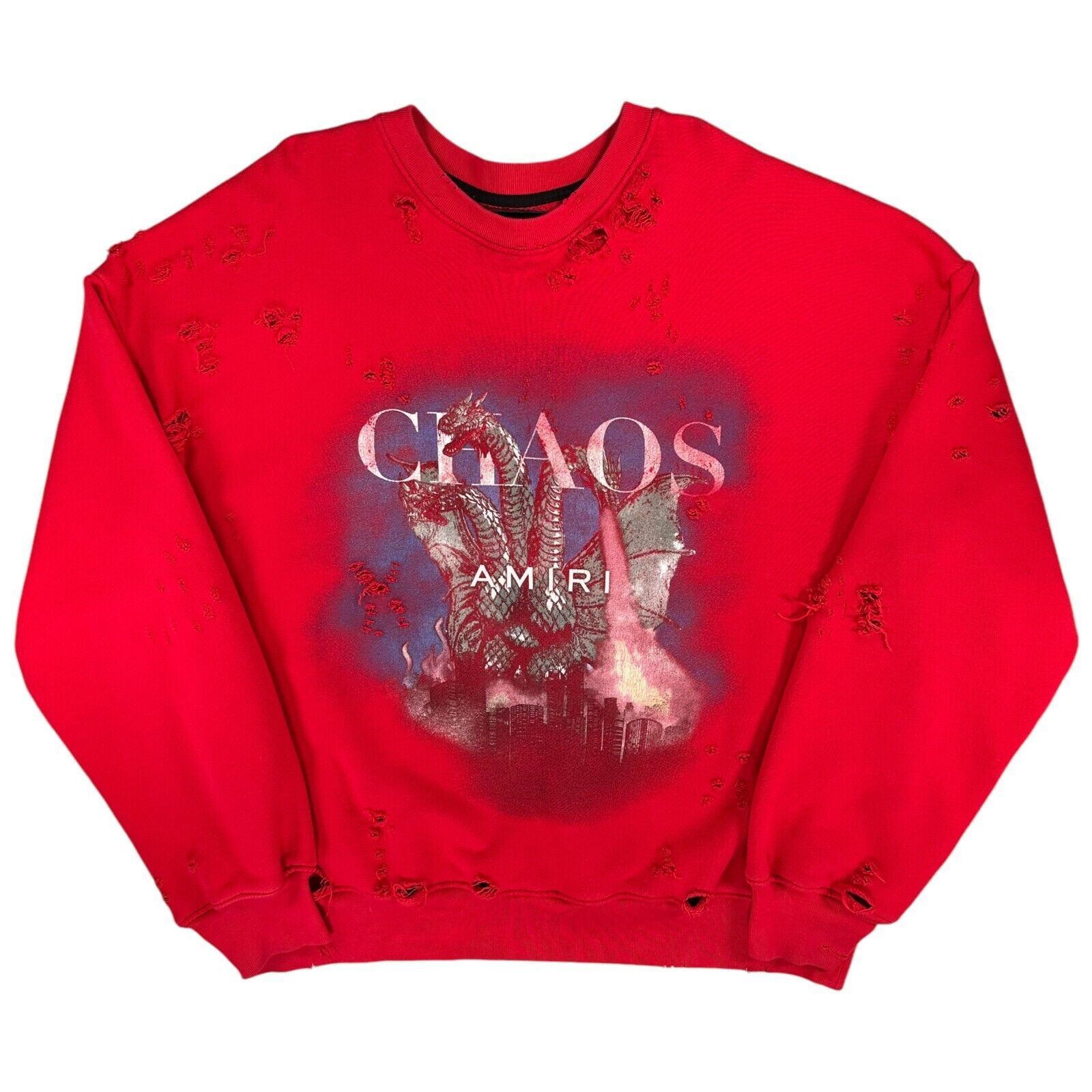 Amiri Size L Sweatshirt Red Oversized Distressed Chaos Logo Heavyweight Pullover