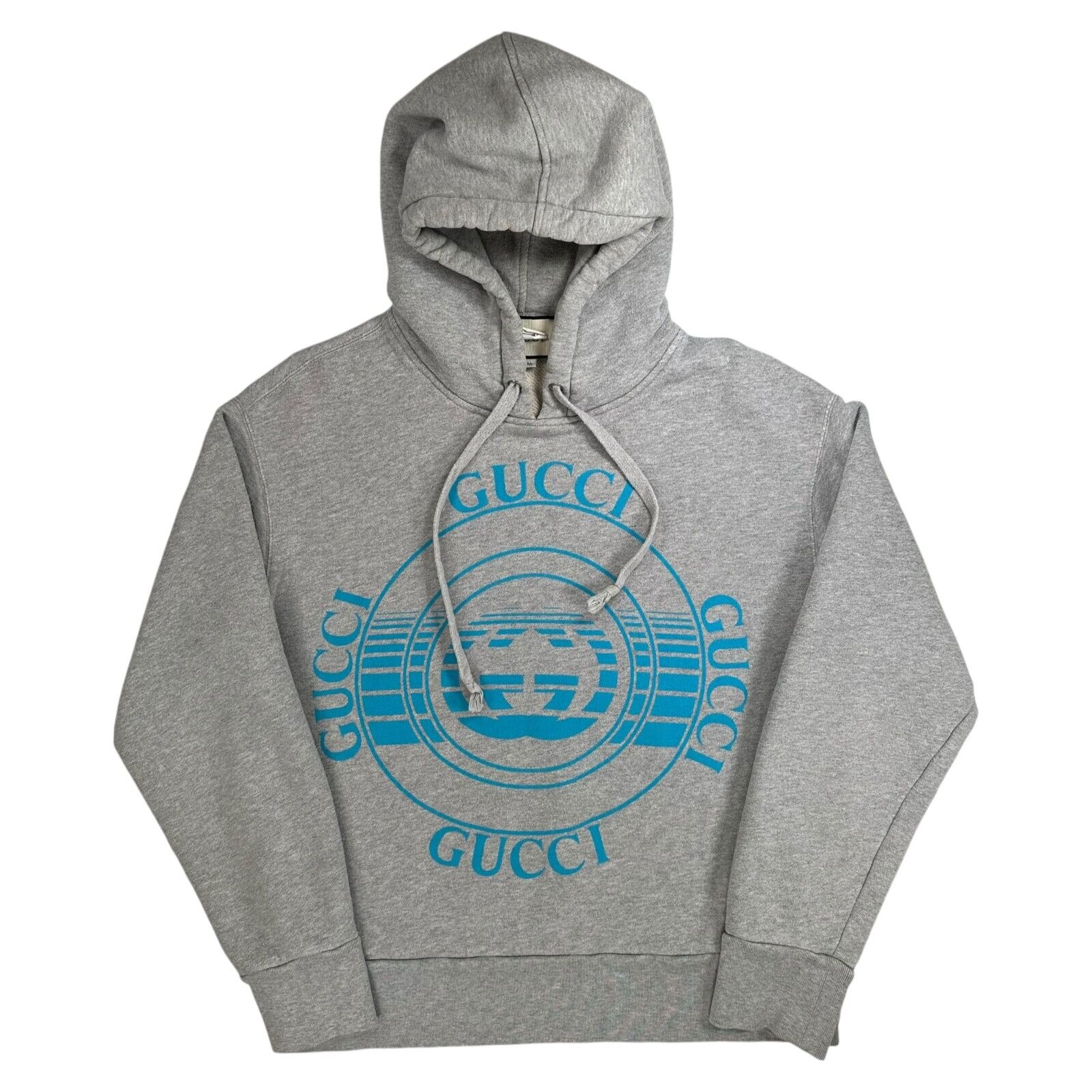 Gucci Size S Sweatshirt Grey Record Disk Logo Blue Graphic Print Drawstring Hood