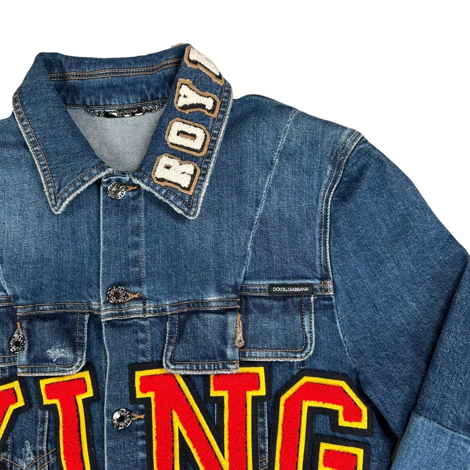 Dolce & Gabbana Size M Denim Jacket KING Reconstructed ROYALS Patch Logo Jacket