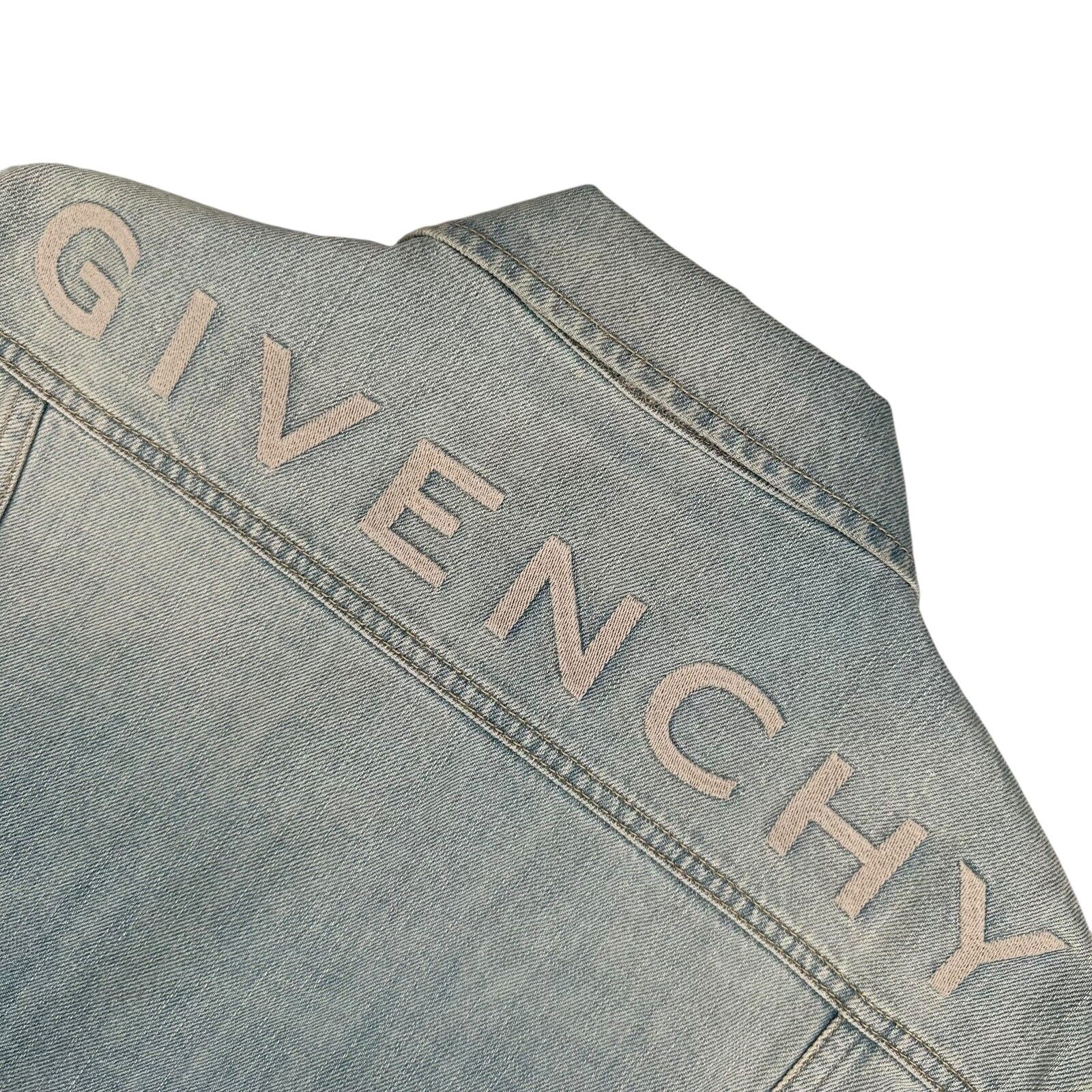 Givenchy Size M Light Blue Denim Jacket Fully Engraved Button Up Washed Out