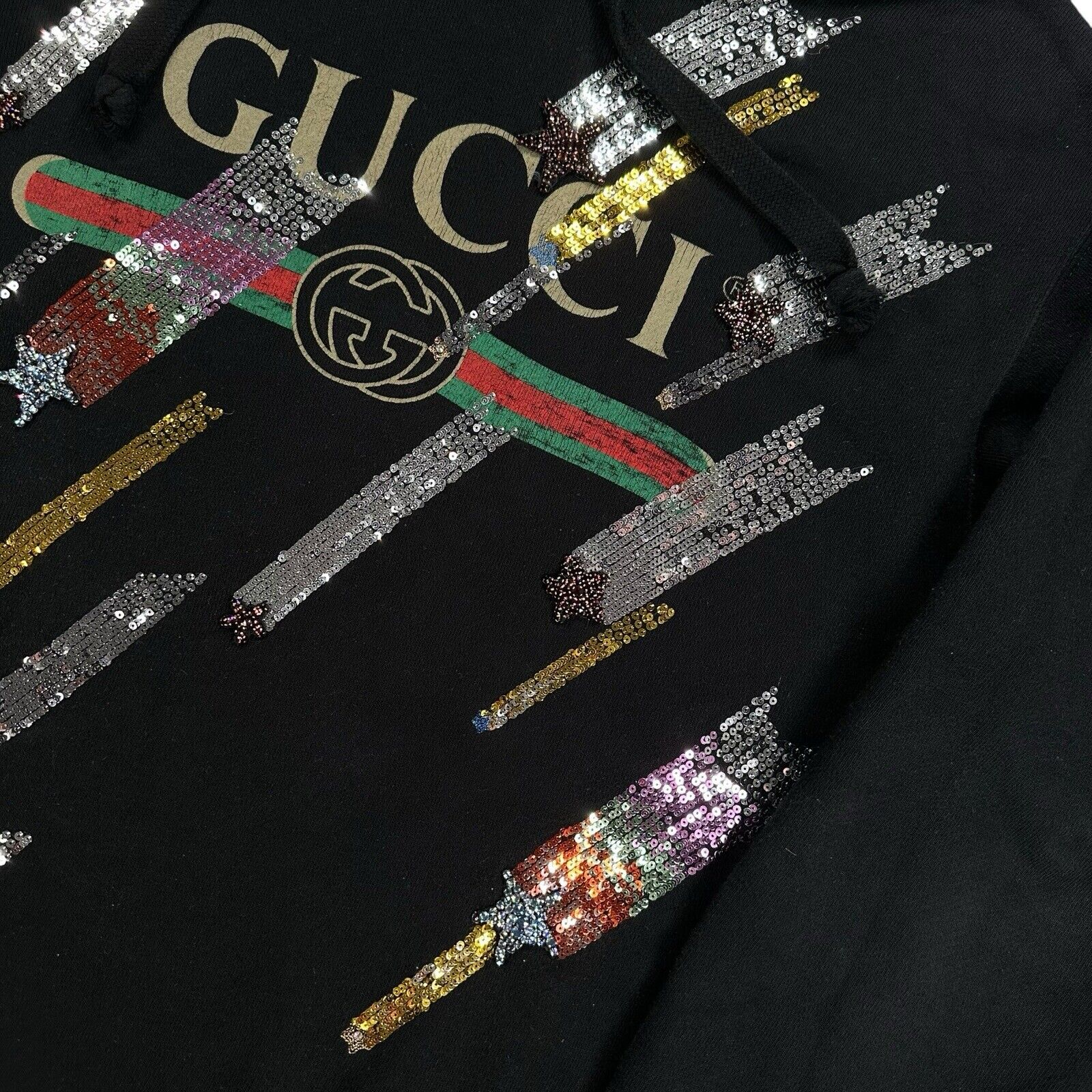 Gucci Size S Black Sweatshirt Hoodie Shooting Stars Sequin Logo Interlocking GG