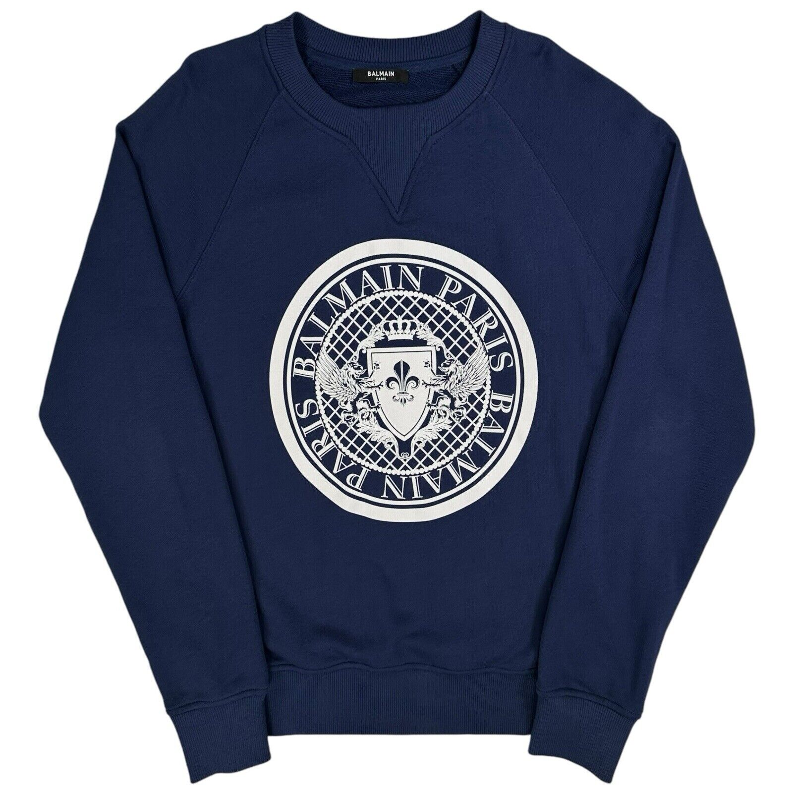 Balmain Size S Blue Sweatshirt Coin Logo Emblem Crewneck Light Navy