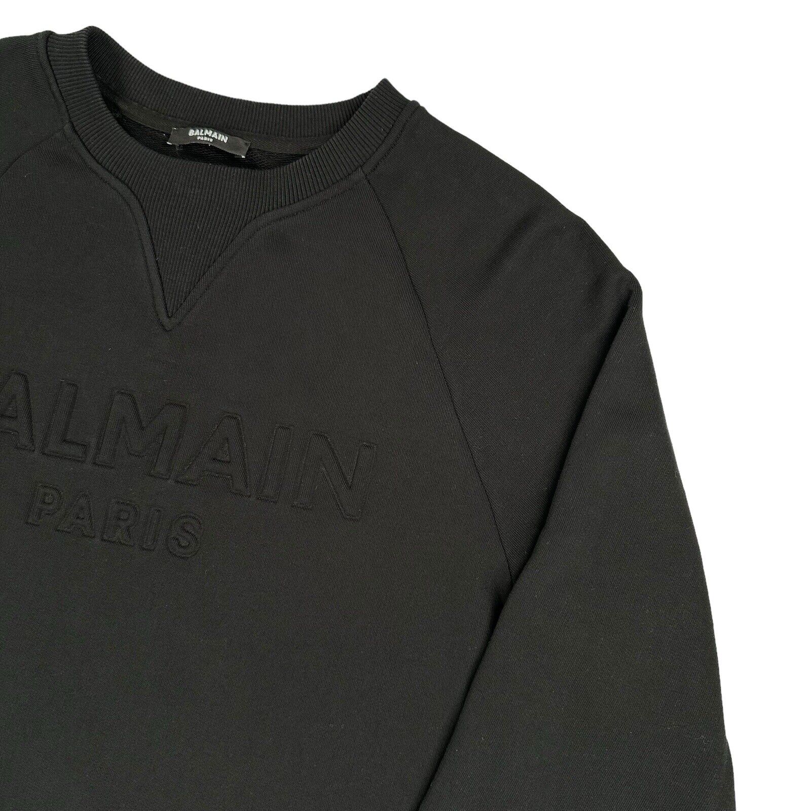 Balmain Size M Sweatshirt Black on Black Embossed 3D Chest Logo Crewneck Pull