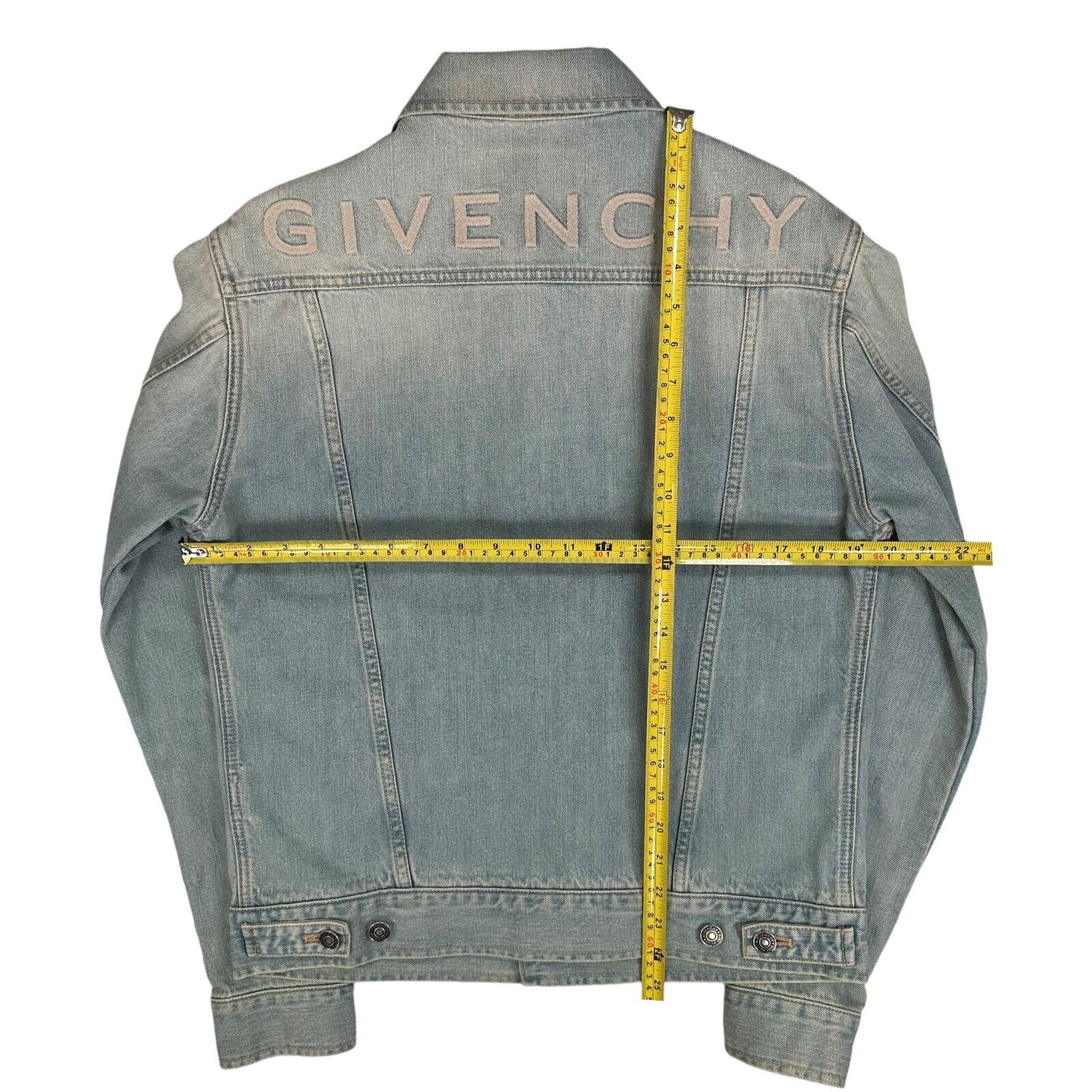 Givenchy Size M Light Blue Denim Jacket Fully Engraved Button Up Washed Out