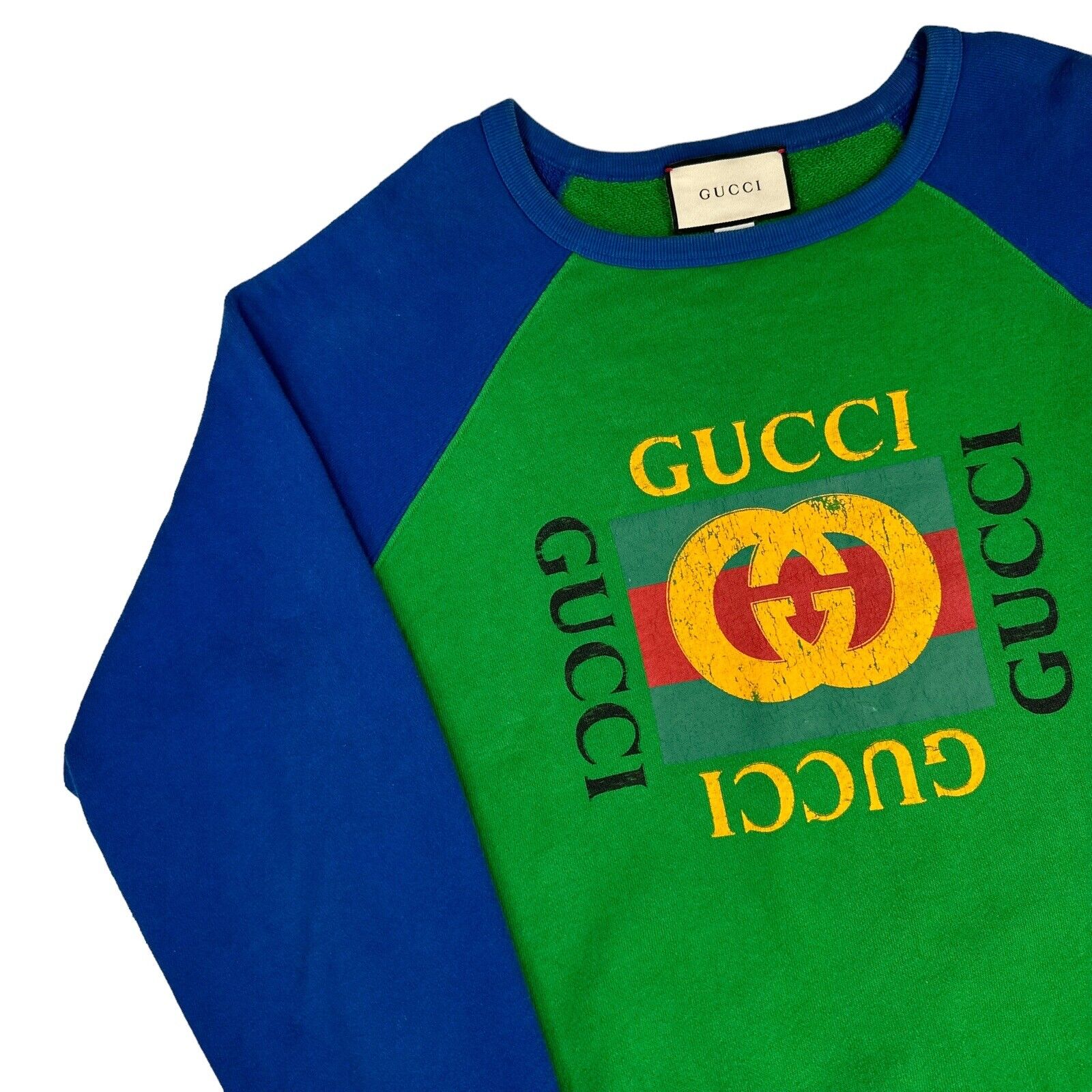 Gucci Size S Sweatshirt Green Blue Vintage Logo Oversized Round Neck Heavy