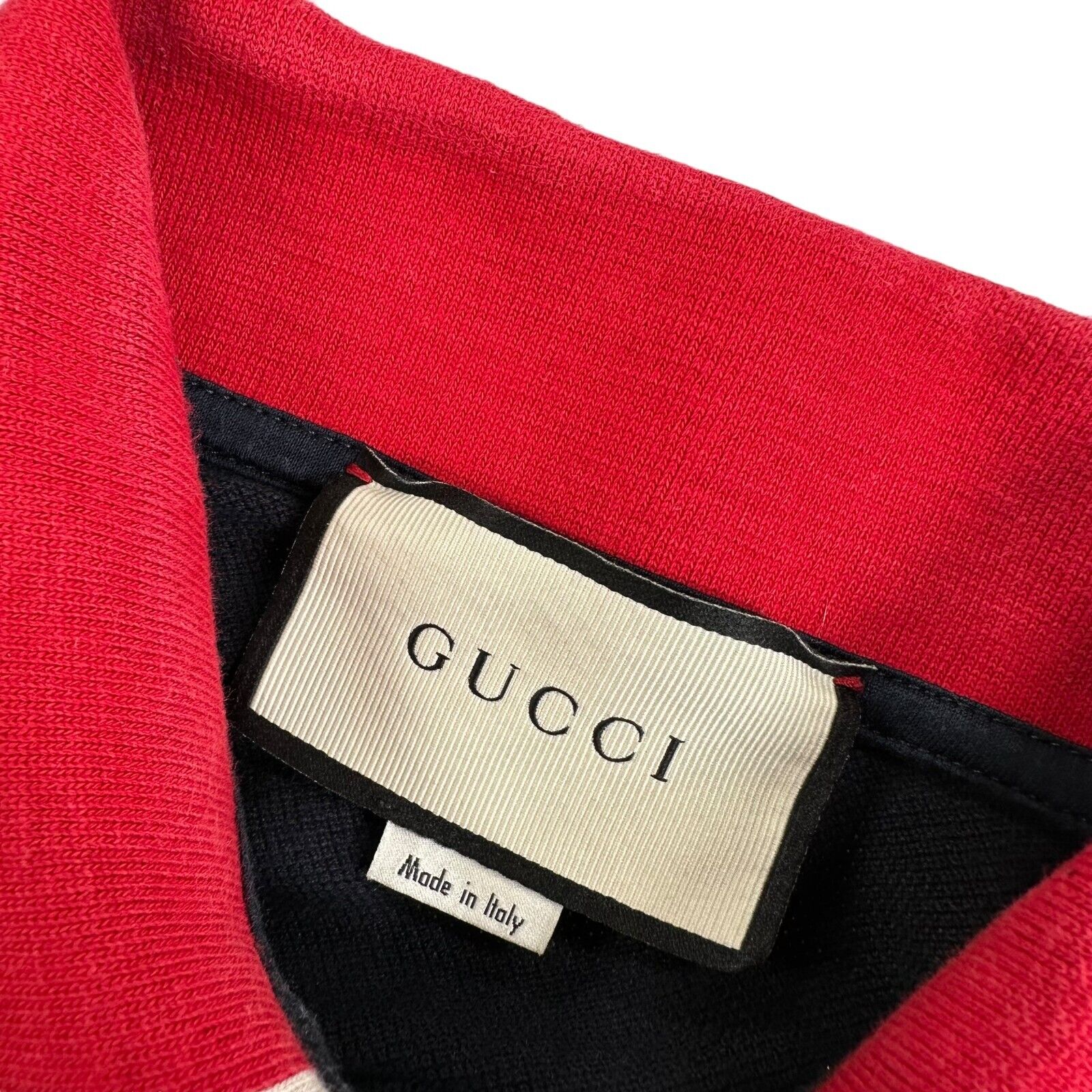 Gucci Size S Navy Polo Shirt Bee Logo Embroidered Webbed Button Up