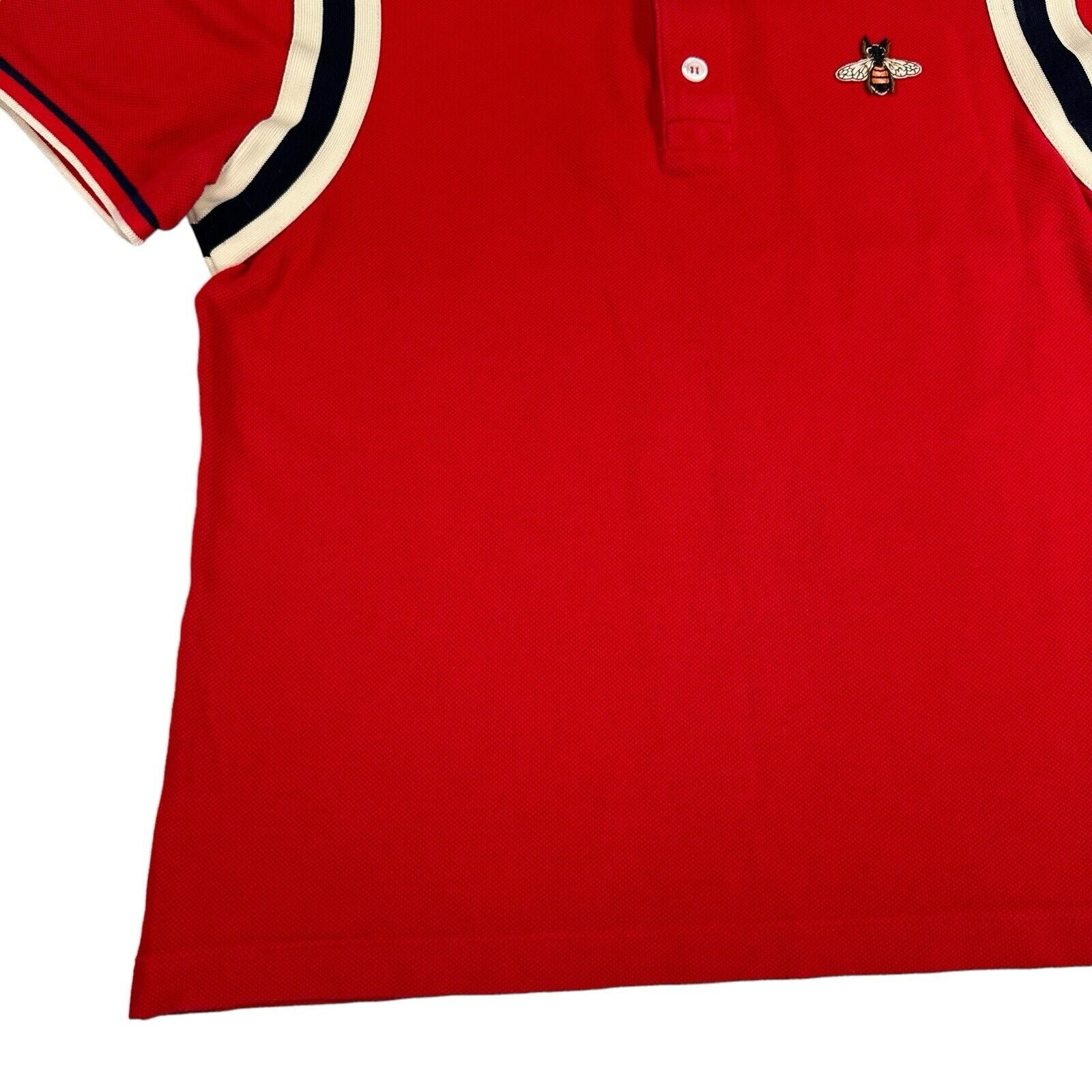 Gucci Size M Red Polo Shirt Bee Logo Embroidered Webbed Striped Shoulders