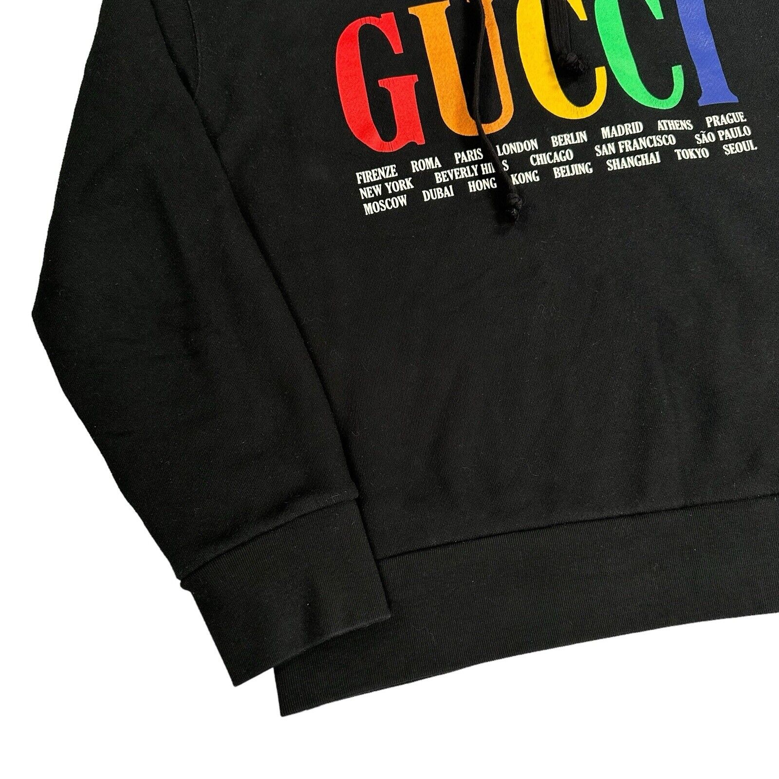 Gucci Size L Black Sweatshirt Cities Rainbow Logo Classic Hoodie Graphic Print