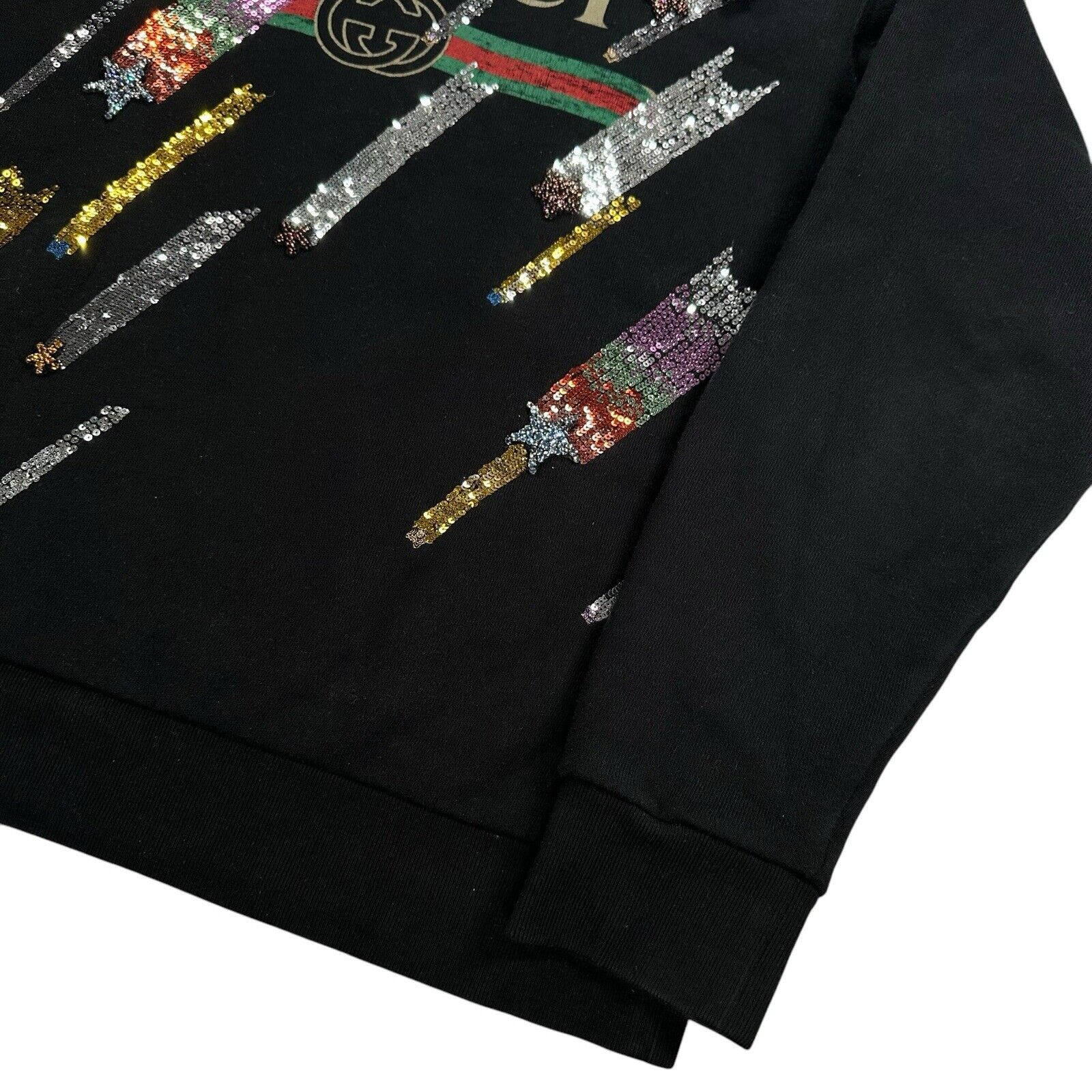 Gucci Size S Black Sweatshirt Hoodie Shooting Stars Sequin Logo Interlocking GG