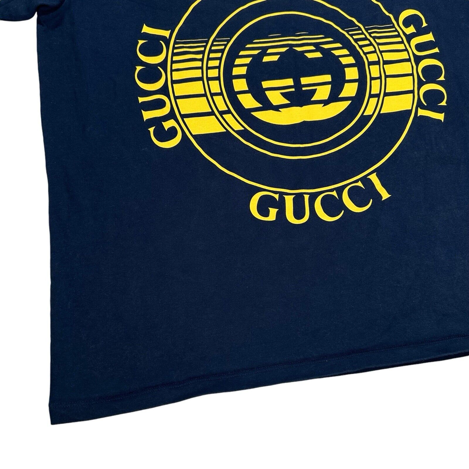 Gucci Size L T-Shirt Navy Blue Record Disk Graphic Print Logo Heavyweight Tee