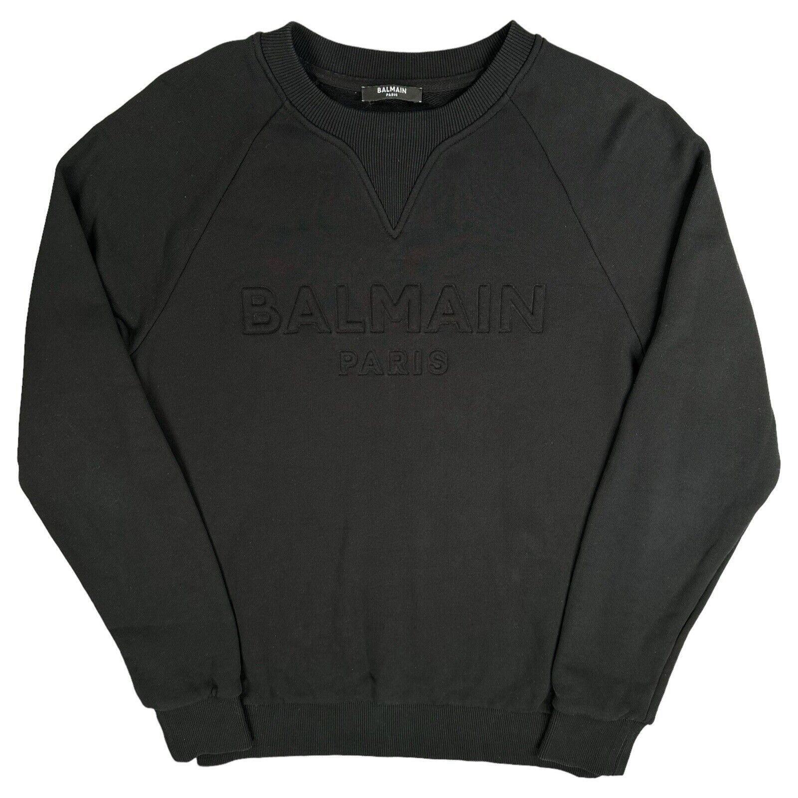 Balmain Size M Sweatshirt Black on Black Embossed 3D Chest Logo Crewneck Pull