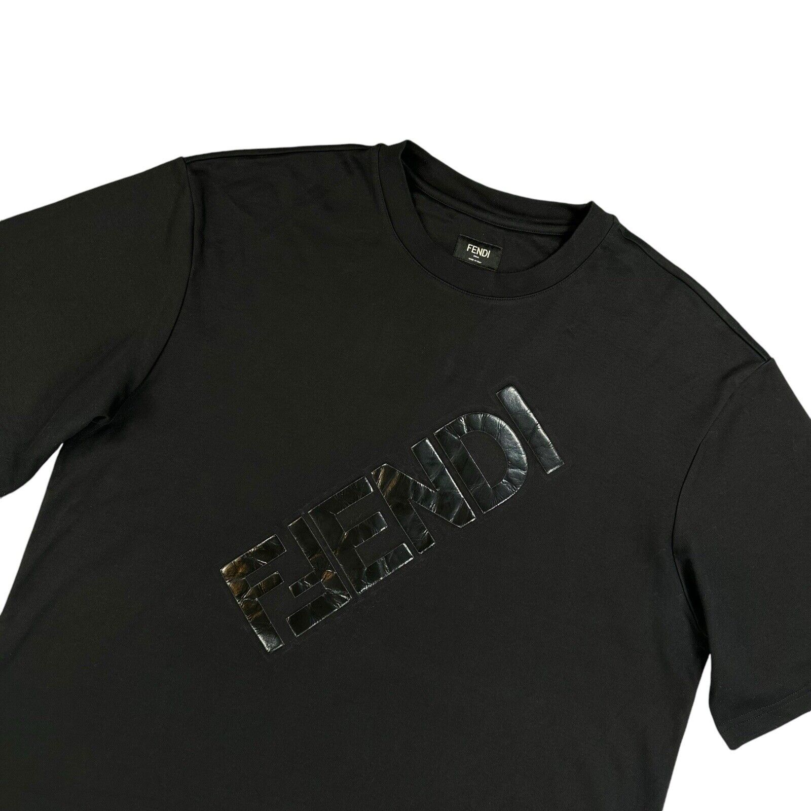 Fendi Size M T-Shirt Black Big Raised Block Chest Logo Heavyweight Cotton Tee