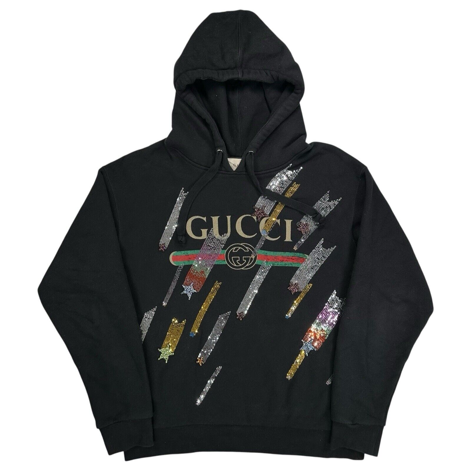 Gucci Size S Black Sweatshirt Hoodie Shooting Stars Sequin Logo Interlocking GG