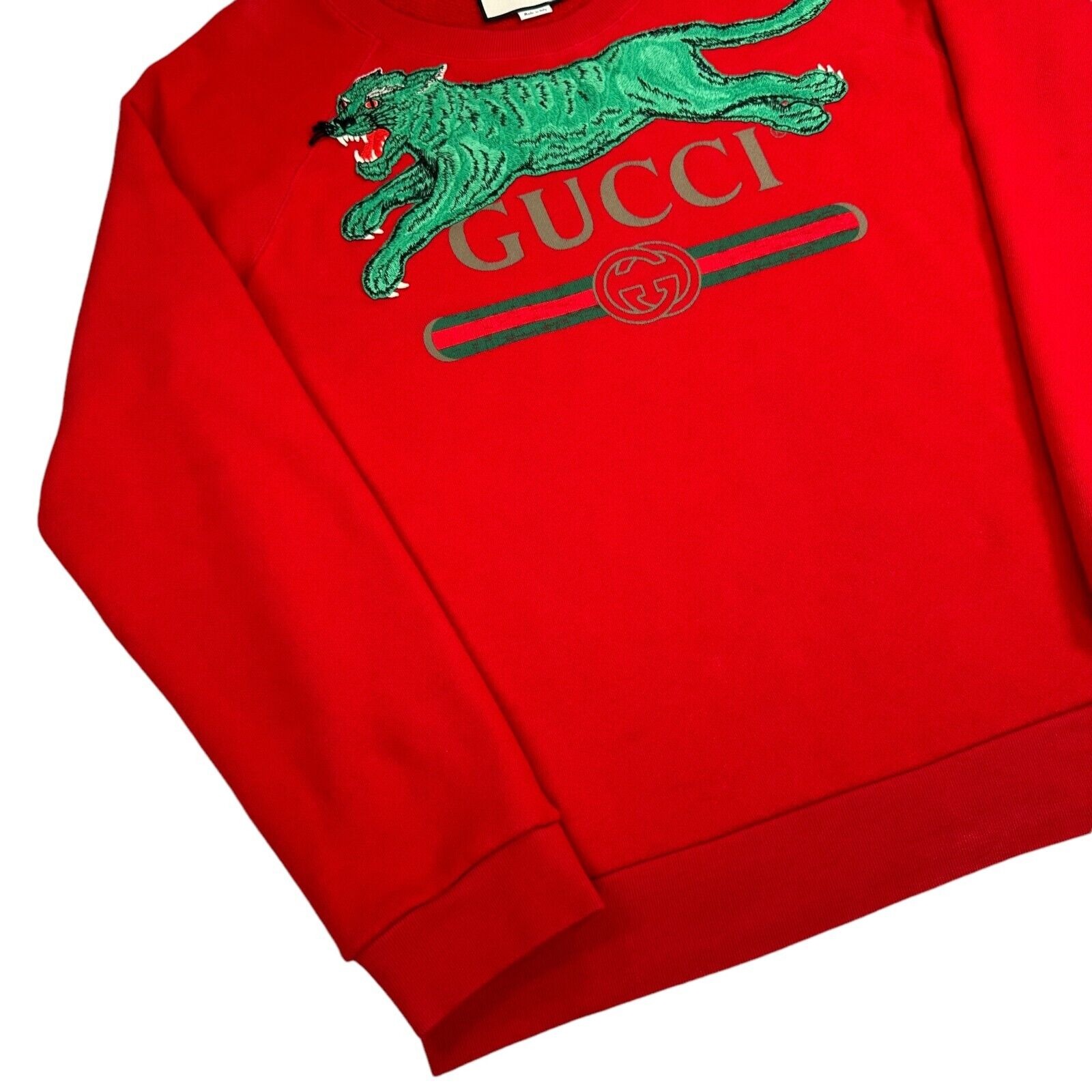 Gucci Size L Red Sweatshirt Leopard Embroidered Logo Belt Graphic Crewneck