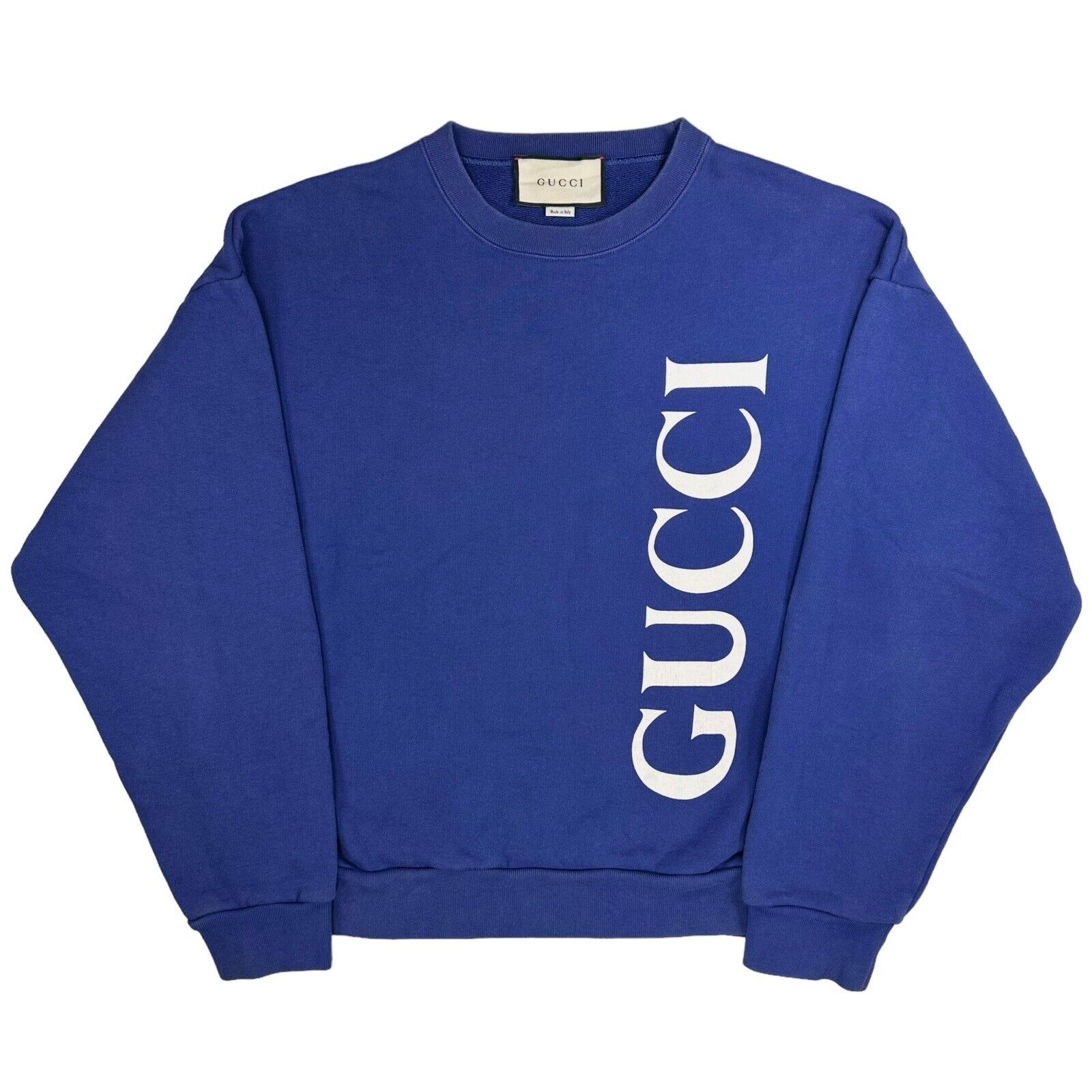 Gucci Size M Sweatshirt Deep Blue Vertical Logo Graphic Print Crewneck Pullover