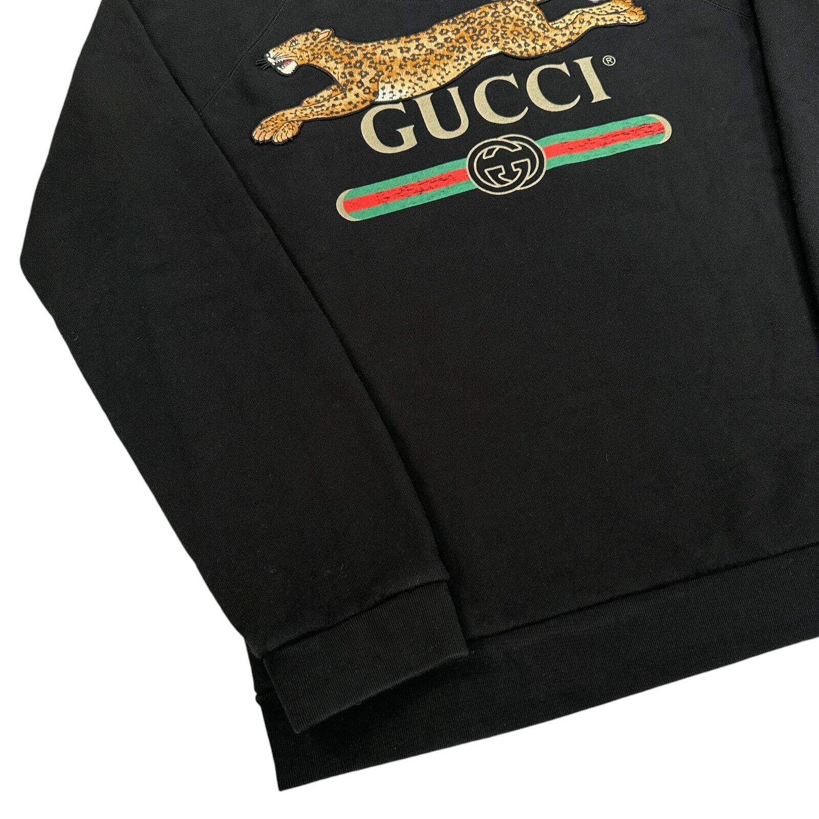 Gucci Size XL Sweatshirt Black Classic Chest Logo Embroidered Leopard Crewneck