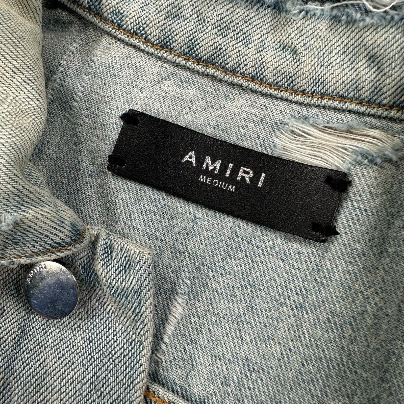 Amiri Size M Distressed Hollywood Back Logo Denim Jacket Light Blue Skyline