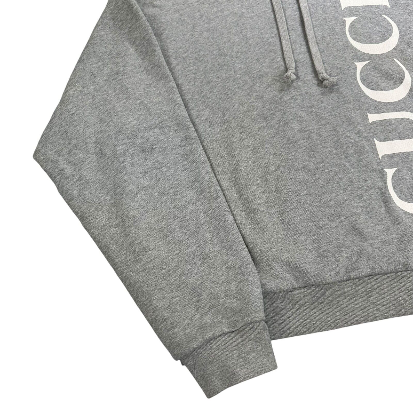 Gucci Size M Grey Sweatshirt Relaxed Fit Vertical Logo Graphic Print Drawstring