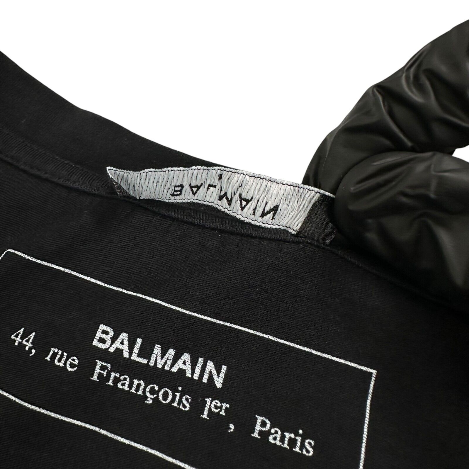 Balmain Size L Black T-Shirt Raised 3D Plastic Logo Big B Crewneck Cotton Tee