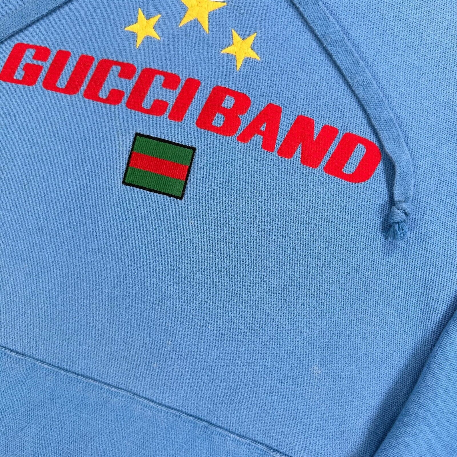 Gucci Size S Sweatshirt Baby Blue Embroidered Gucci Band Stars Logo Drawstring