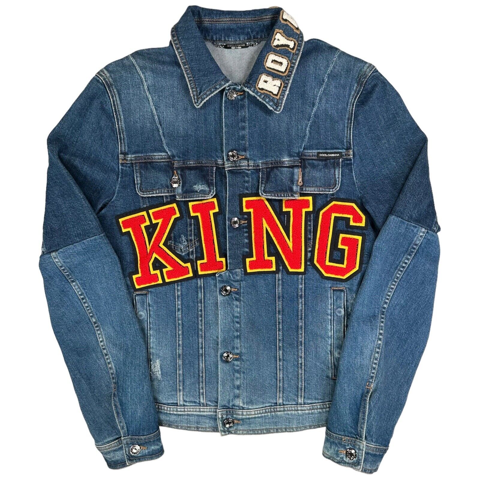 Dolce & Gabbana Size M Denim Jacket KING Reconstructed ROYALS Patch Logo Jacket