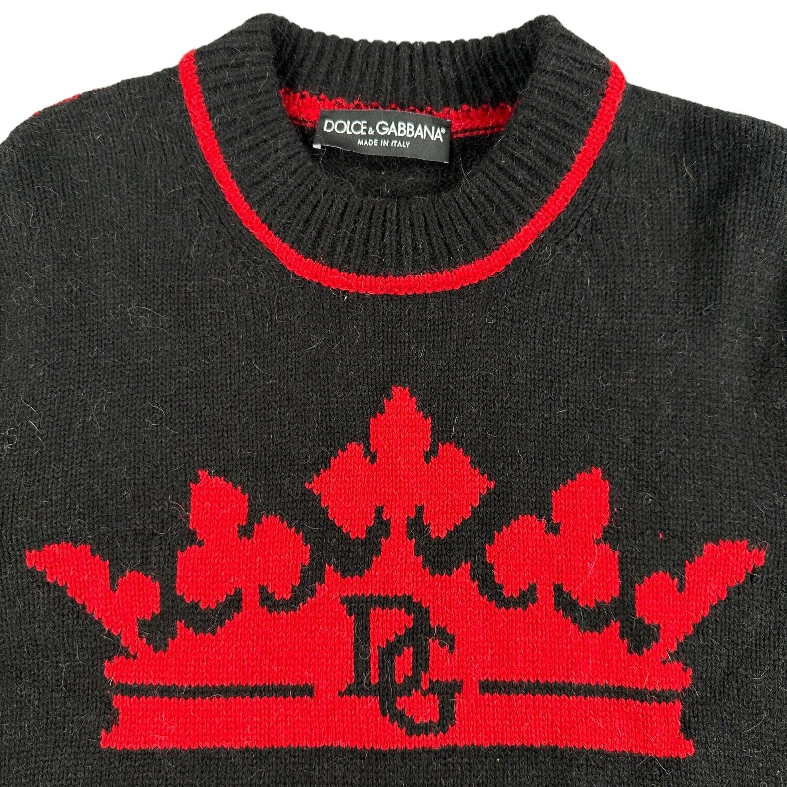 Dolce & Gabbana Size M Wool Jumper Black Red DG King Crown Logo Pullover Sweater