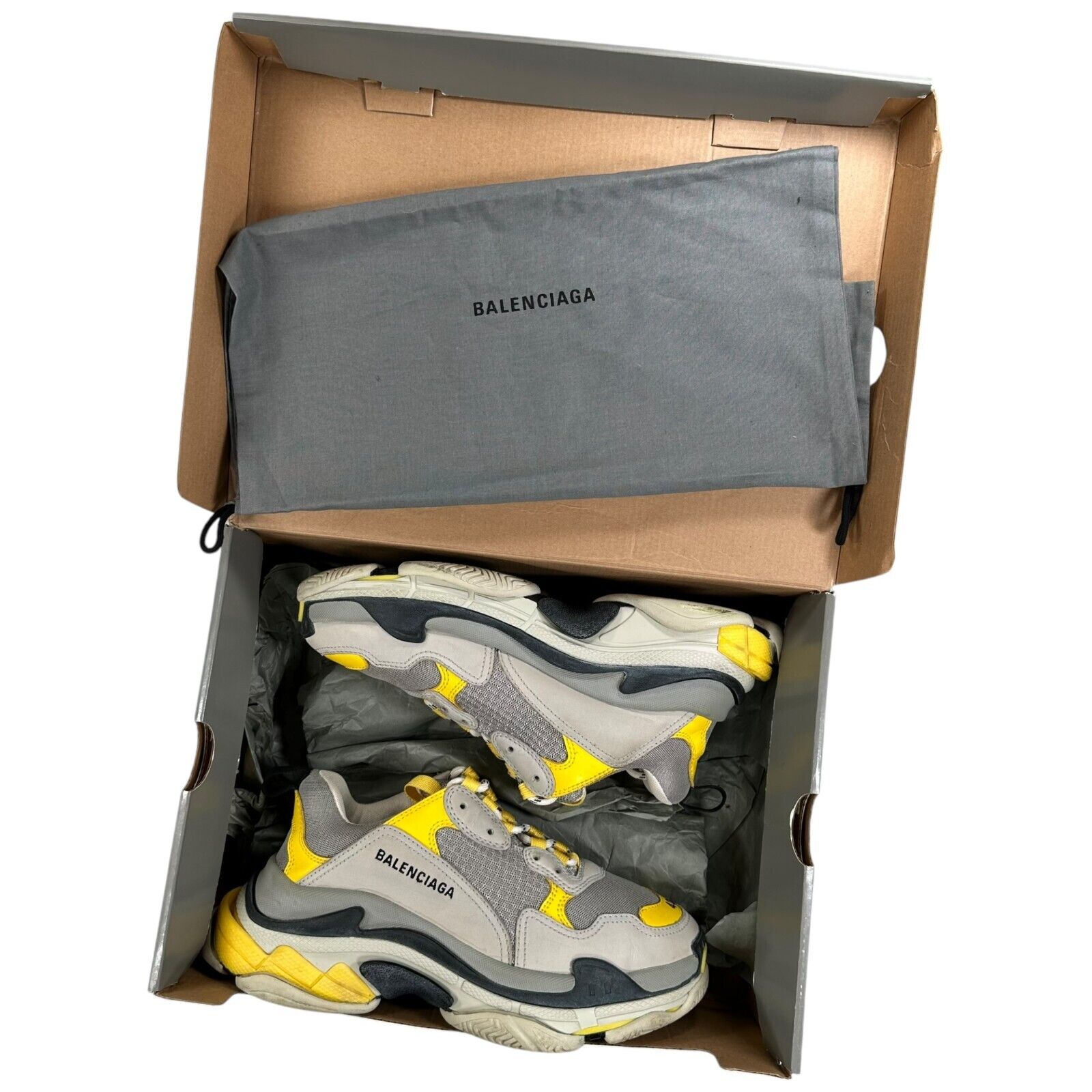 Balenciaga Triple S Size UK6/US7/EU40 Grey and Yellow Lace Up Trainers with Box