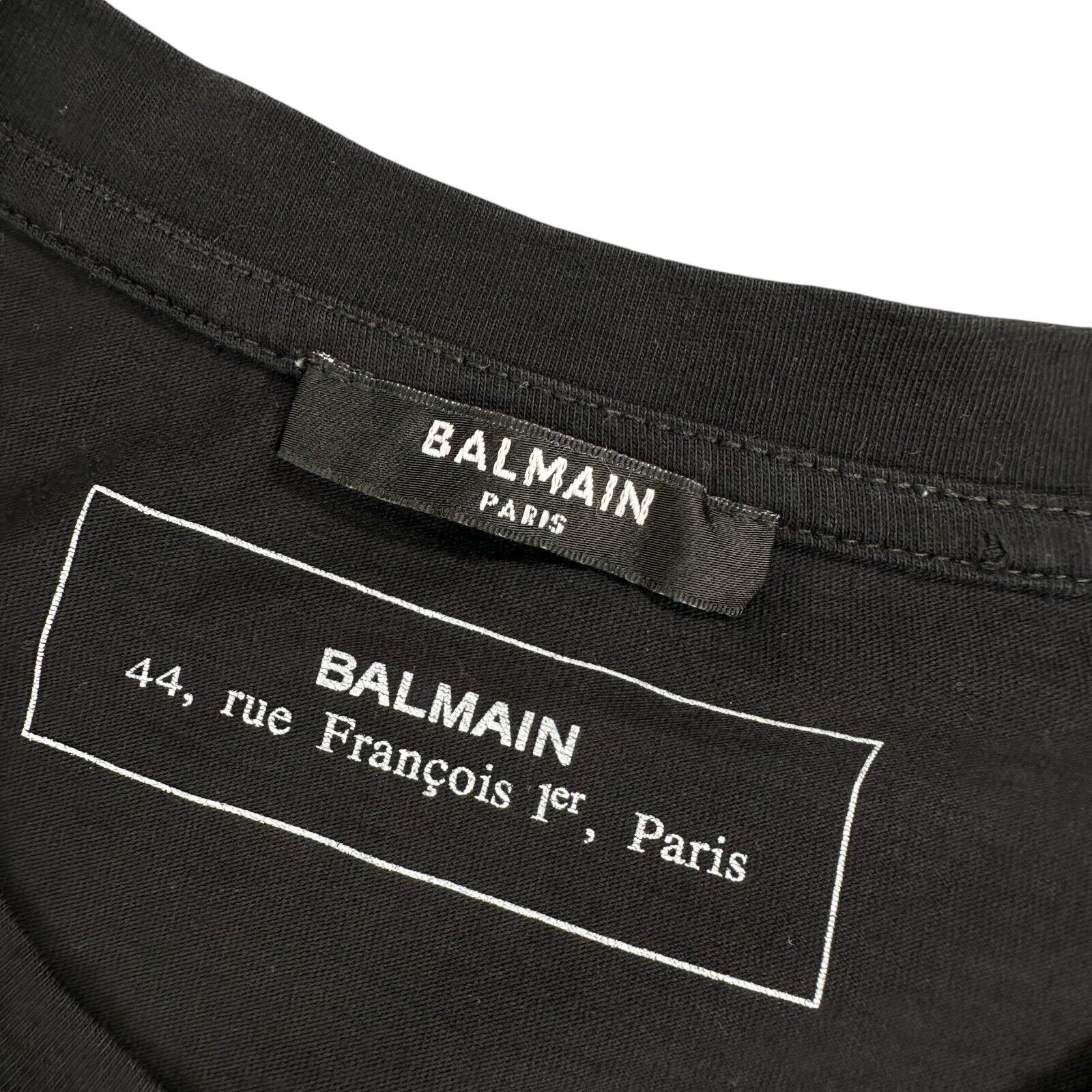 Balmain Size L Black T-Shirt Raised 3D Plastic Logo Big B Crewneck Cotton Tee