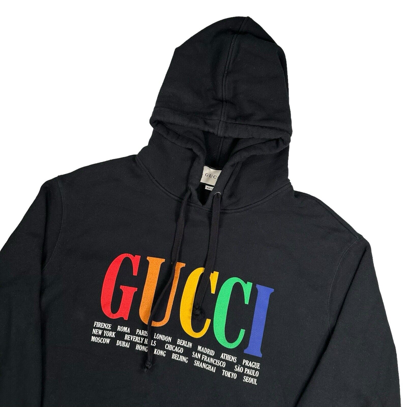 Gucci Size L Black Sweatshirt Cities Rainbow Logo Classic Hoodie Graphic Print