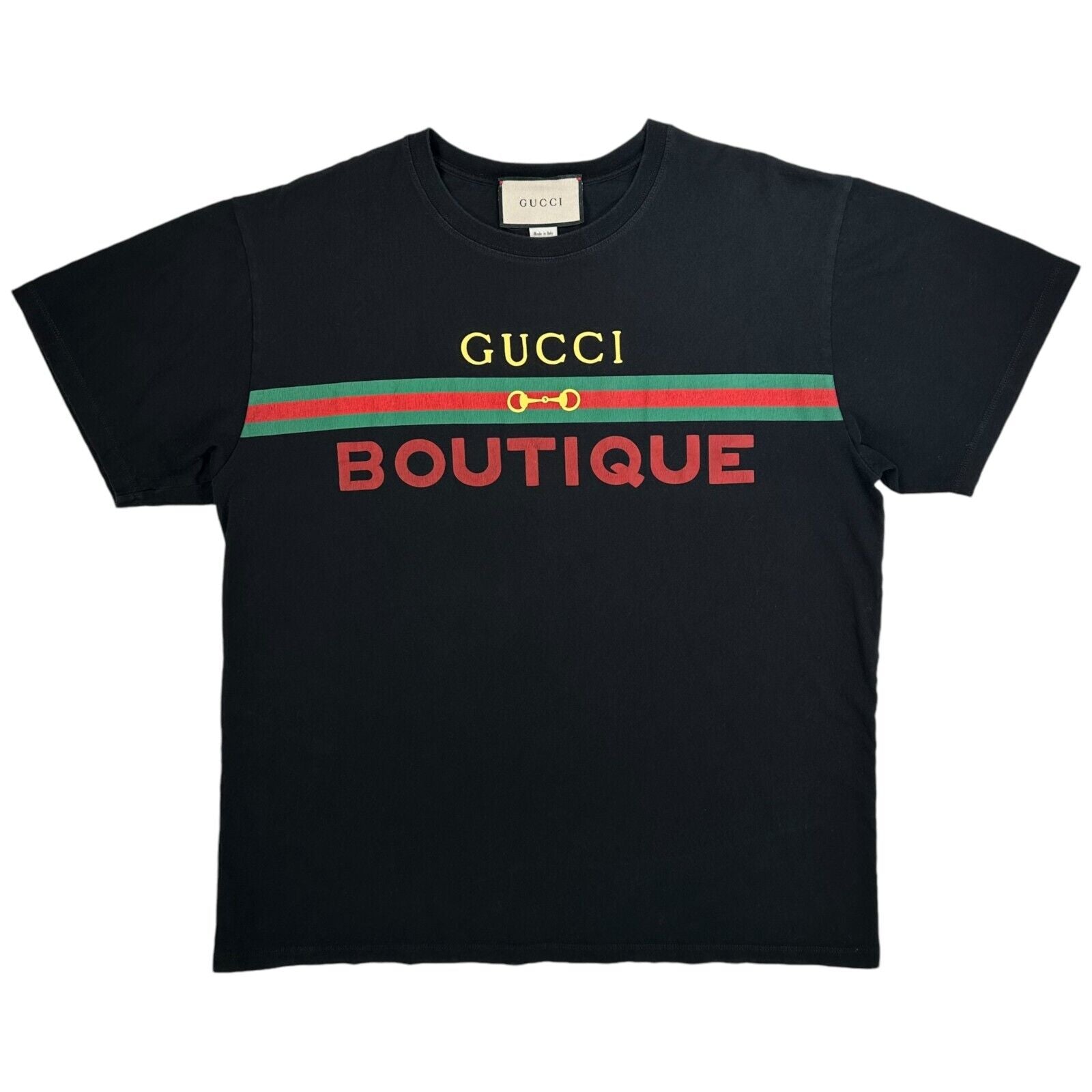 Gucci Size L T-Shirt Black Boutique Belt Buckle Graphic Print Logo Cotton Tee