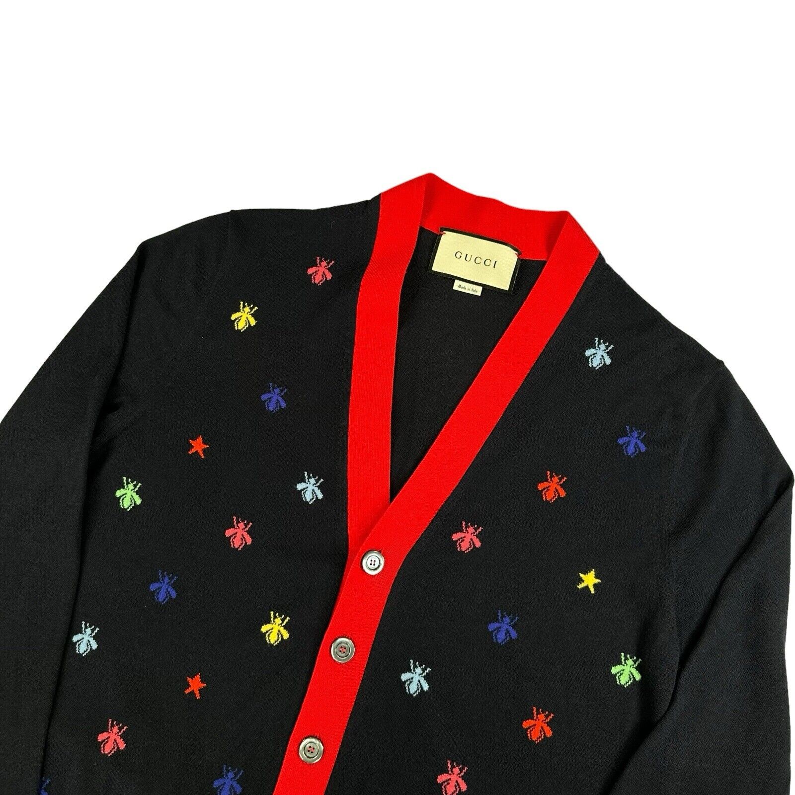 Gucci Size S Navy Cardigan All Over Bee Logos Button Up V-Neck Sweater Cashmere