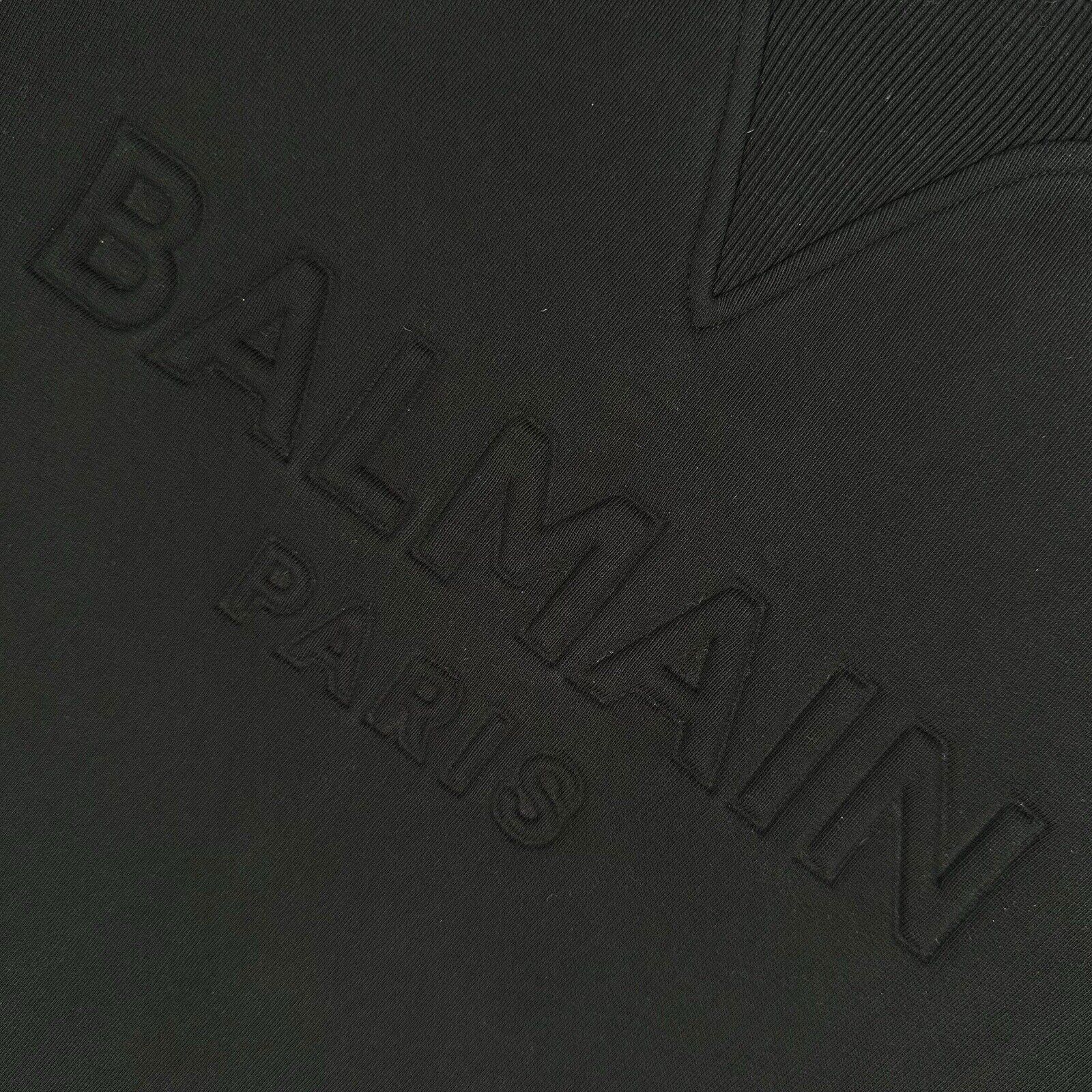 Balmain Size M Sweatshirt Black on Black Embossed 3D Chest Logo Crewneck Pull