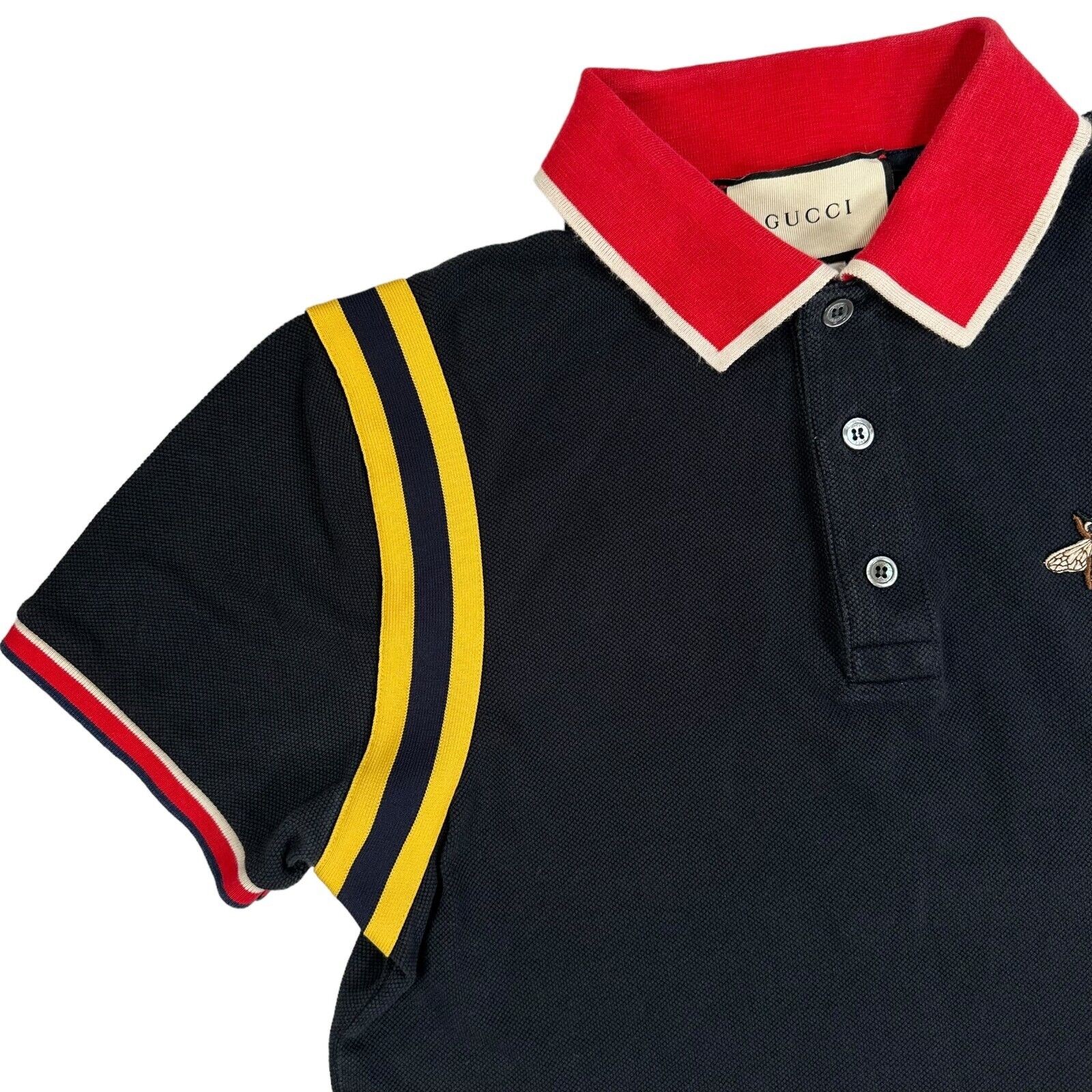 Gucci Size S Navy Polo Shirt Bee Logo Embroidered Webbed Button Up