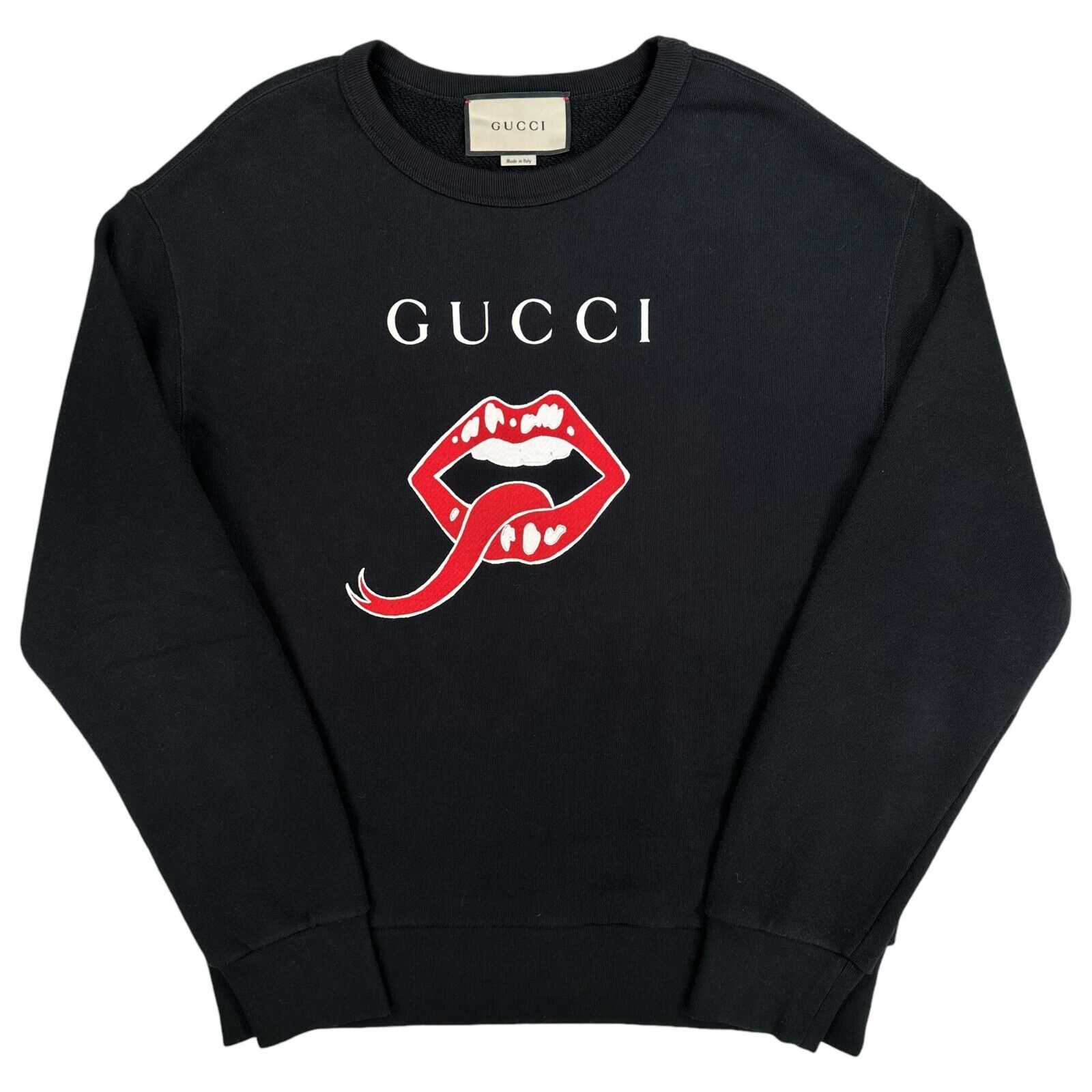 Gucci Size S Black Sweatshirt Oversized Graphic Print Lips Logo Heavyweight Crew