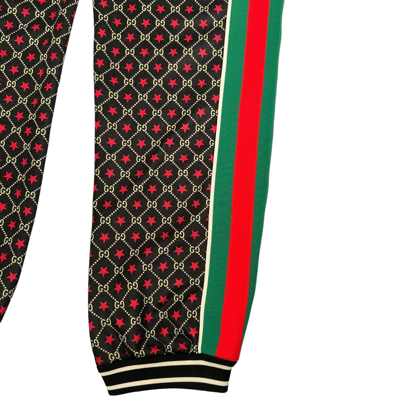 Gucci Size L Black Track Bottoms Interlocking GG Taped Leg Stripe Stars Logo