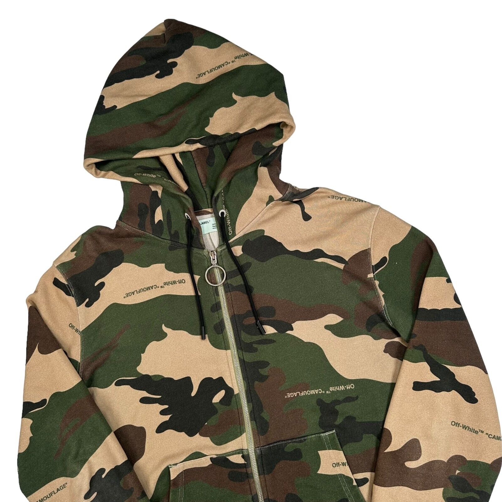 Off-White Size M Jacket Zip Up Distressed Camo Brown Embroidery Logo Hoodie