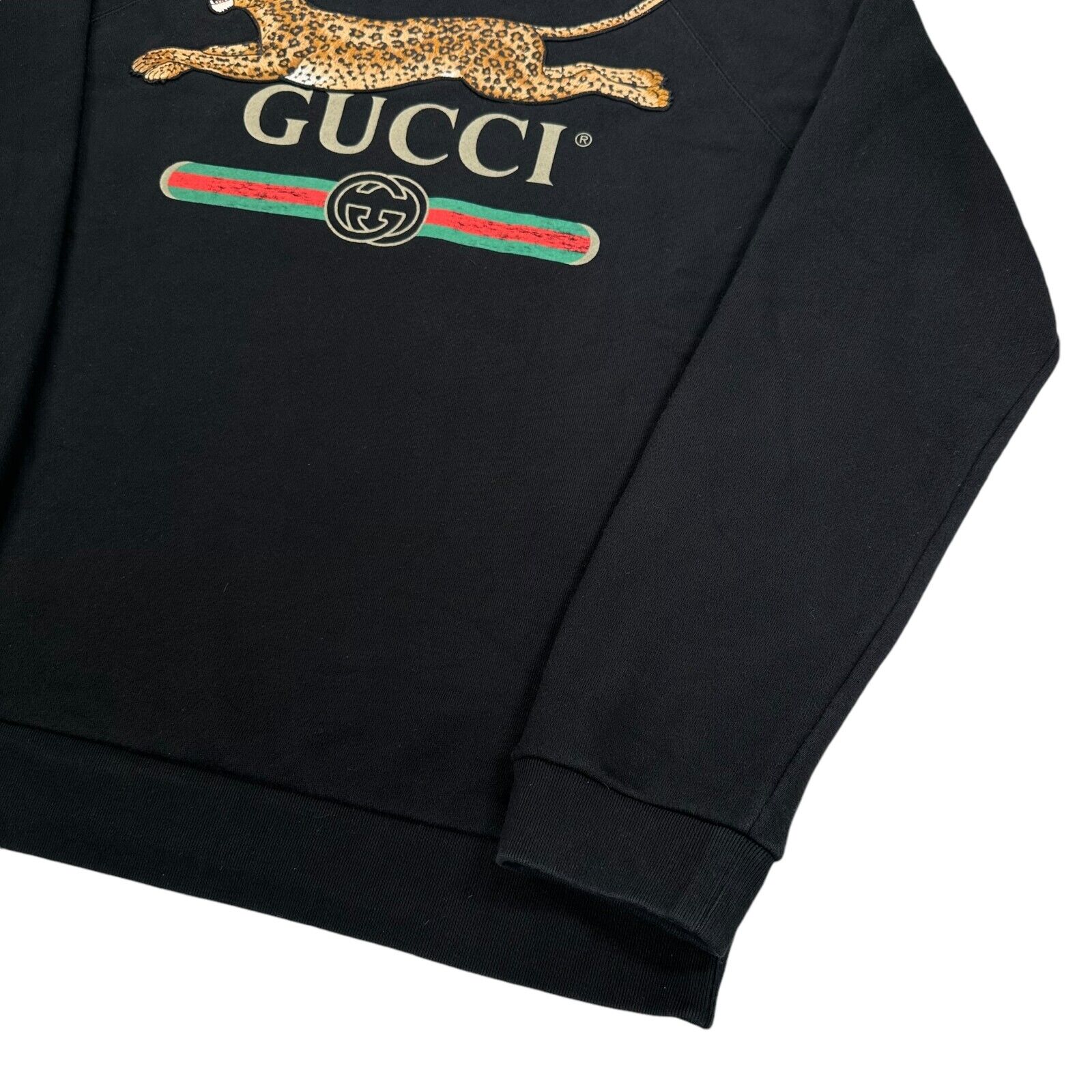 Gucci Size XL Sweatshirt Black Classic Chest Logo Embroidered Leopard Crewneck