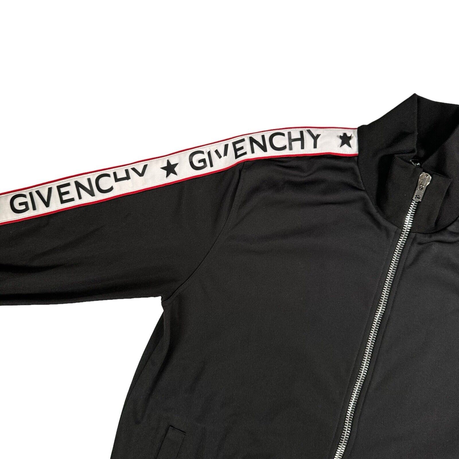 Givenchy Size L Black Track Jacket Plastic Taped Sleeve Logos Zip Up