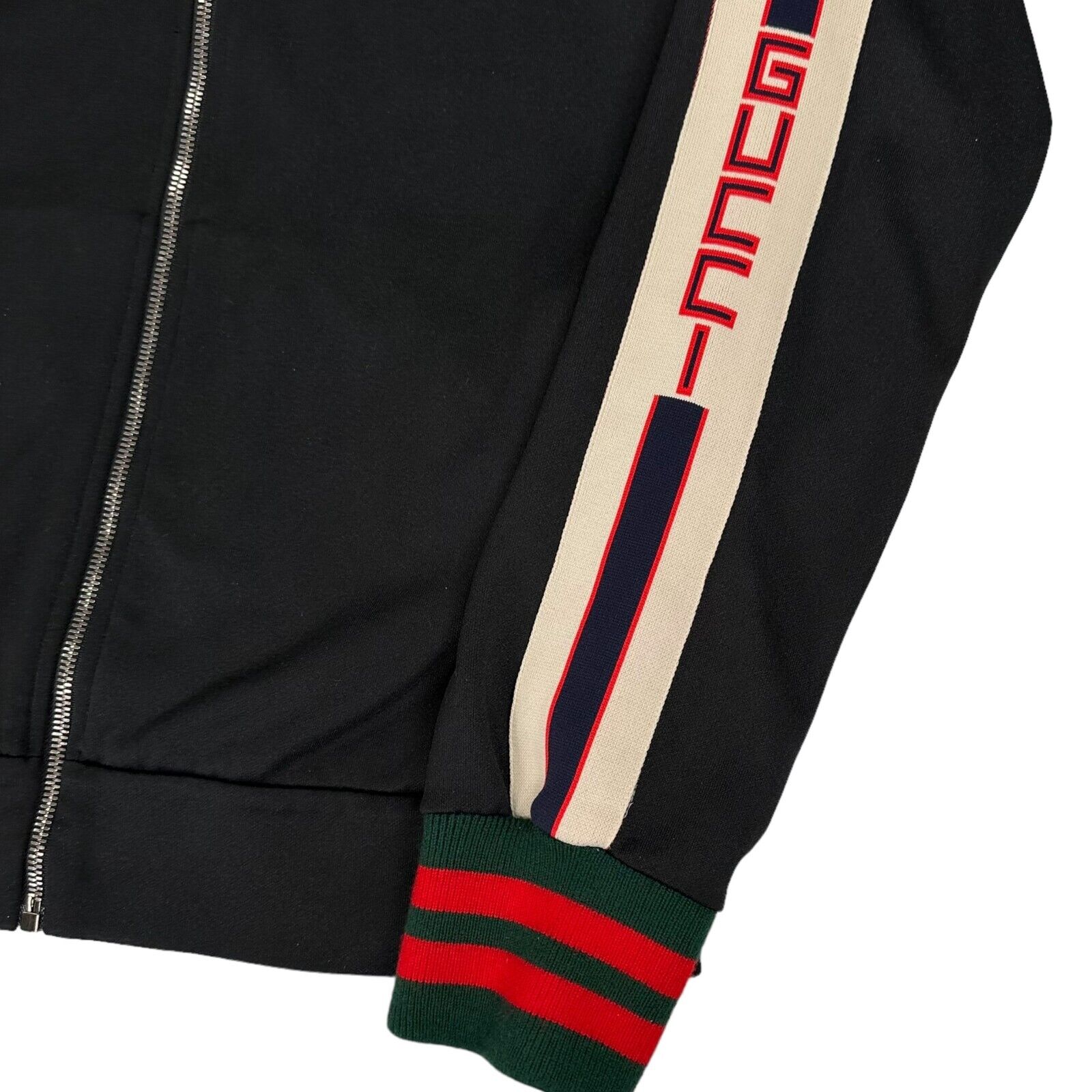 Gucci Size L Black Track Jacket Sleeve Logo Embroidered Zip Up Taped Windbreaker