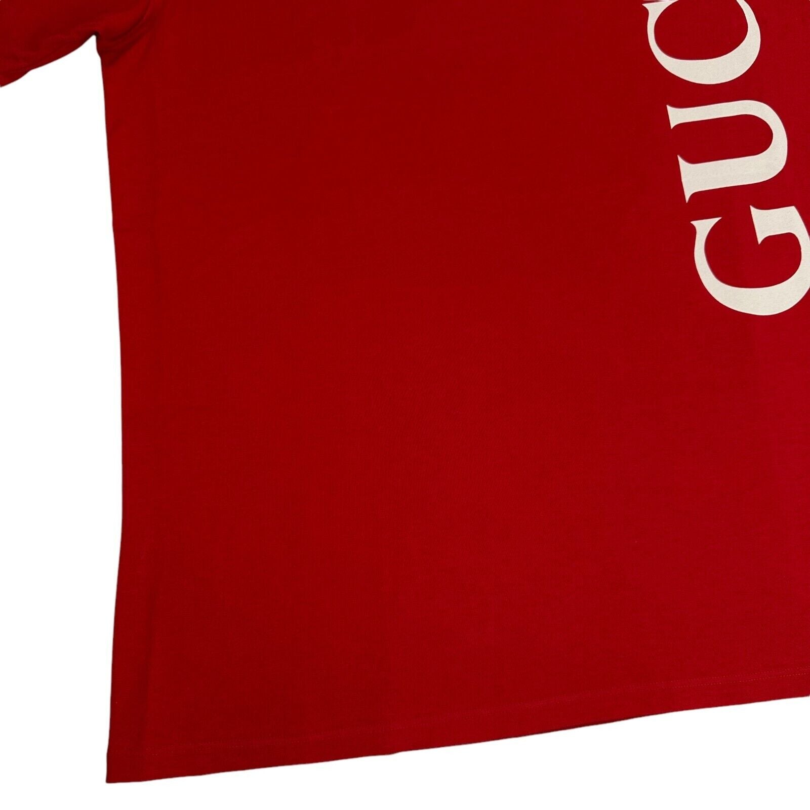 Gucci Size L Red T-Shirt Oversized Vertical Logo Graphic Print Heavyweight Crew