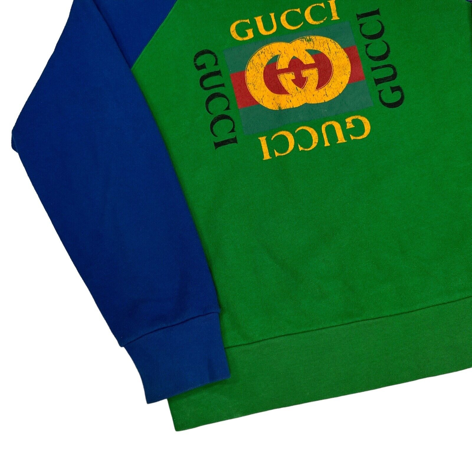 Gucci Size S Sweatshirt Green Blue Vintage Logo Oversized Round Neck Heavy