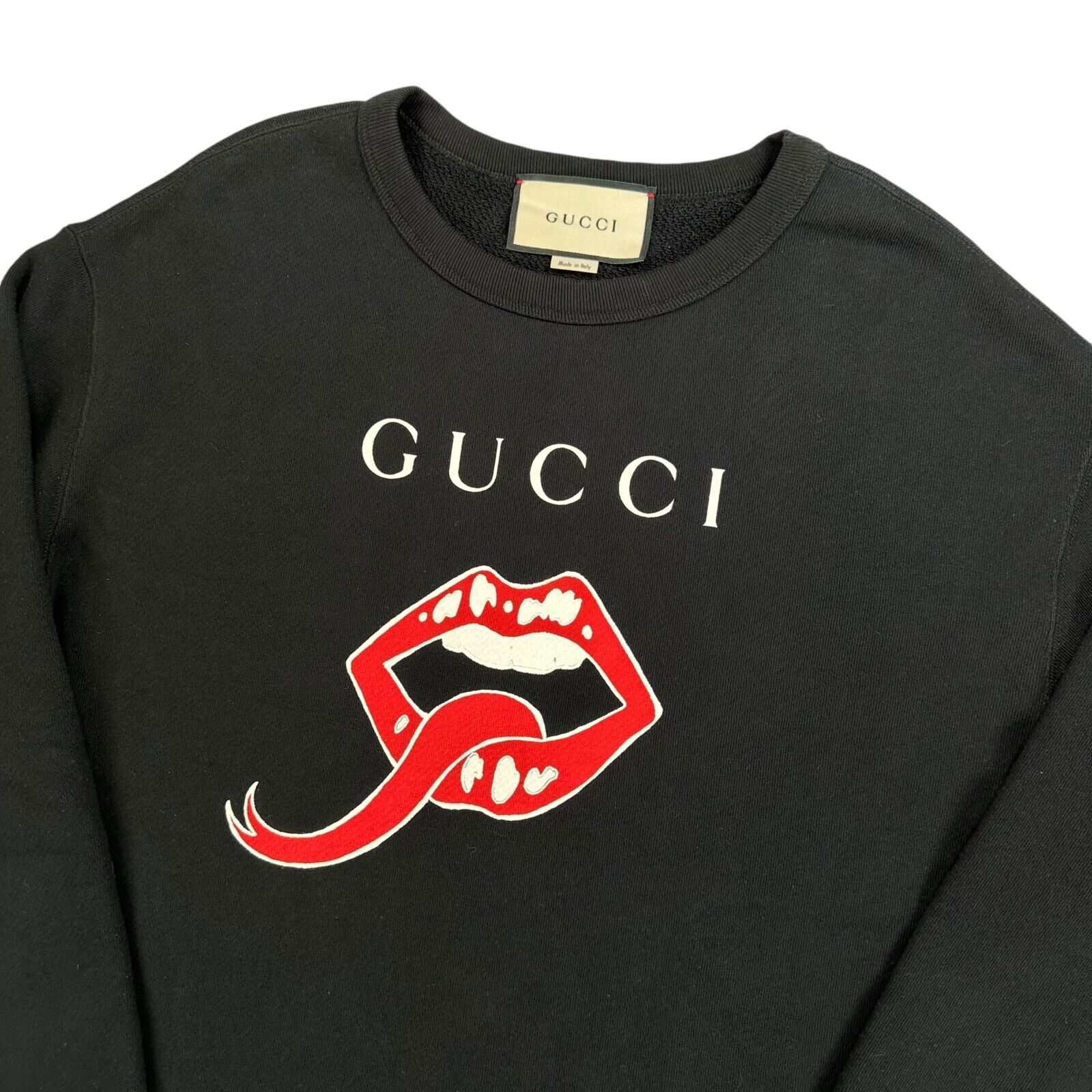 Gucci Size S Black Sweatshirt Oversized Graphic Print Lips Logo Heavyweight Crew